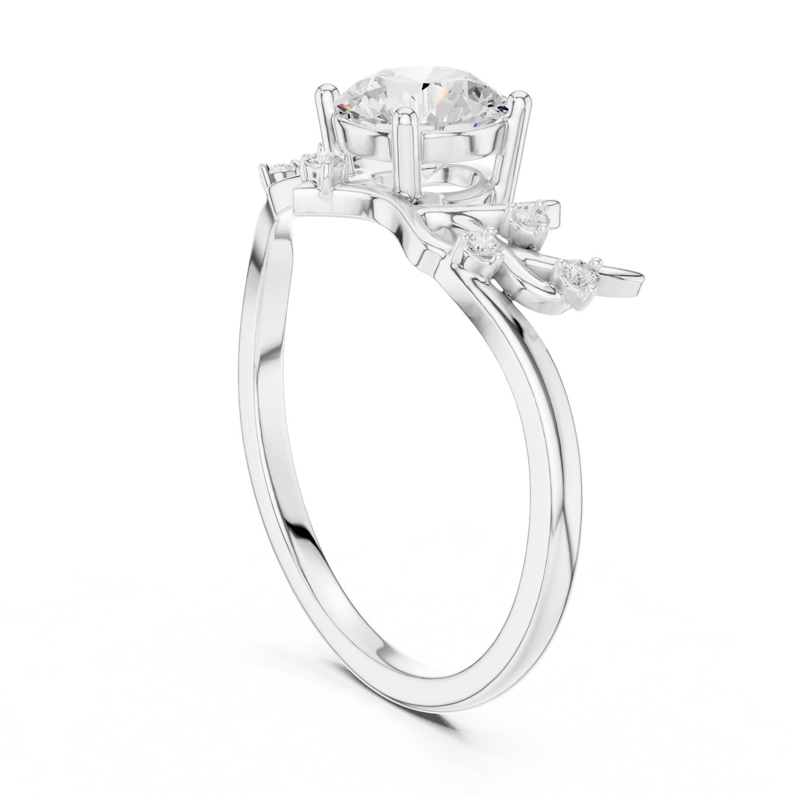 Dulce Round Botanical Engagement Ring with Leaf Accents in white gold