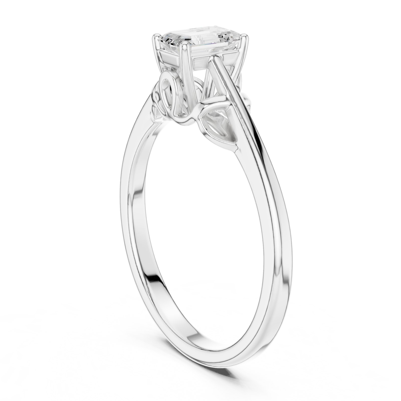Fiametta Emerald Cut Cathedral Solitaire with Scroll Detail in white gold