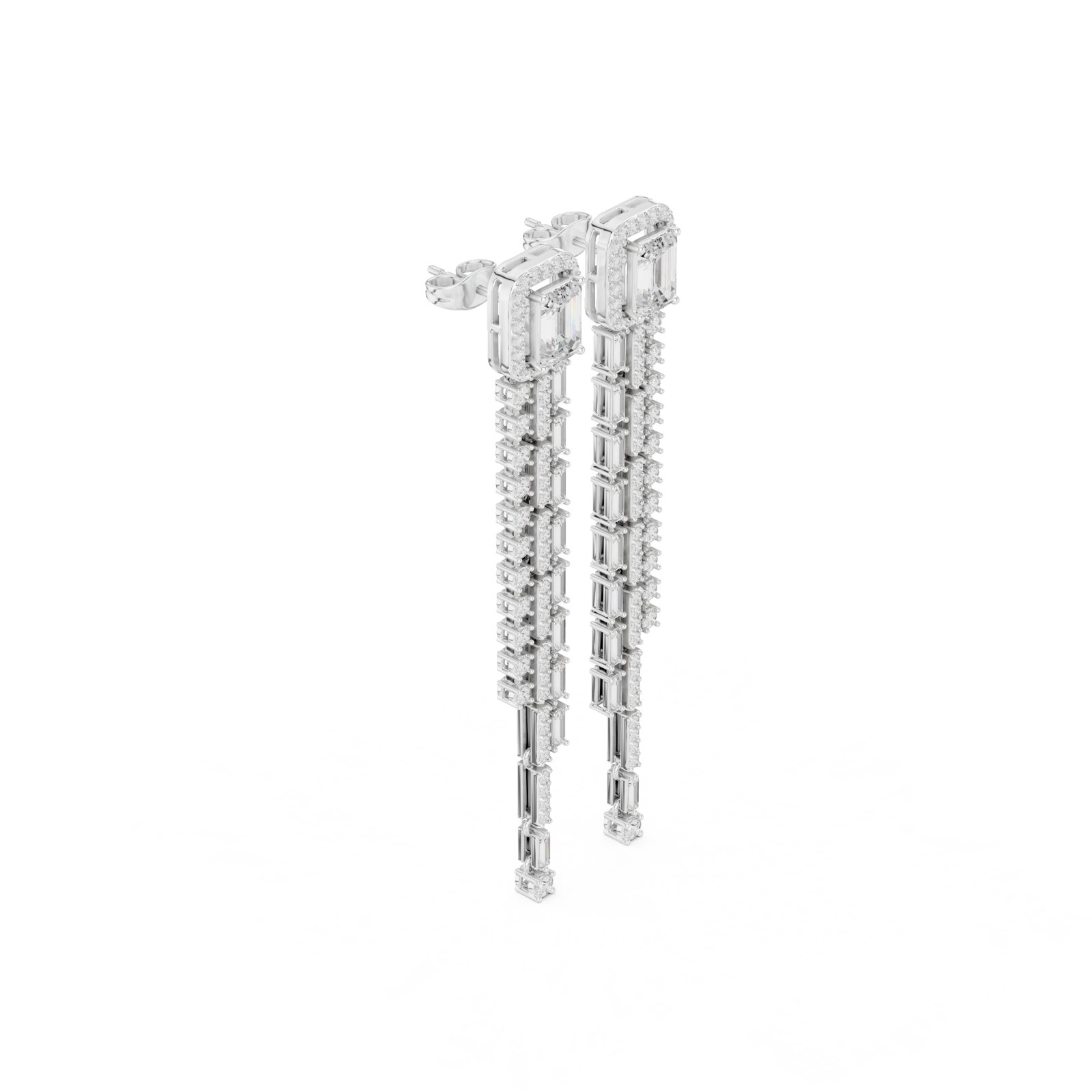 Aradia Emerald Cut Halo Baguette Fringe Drop Earrings in white gold