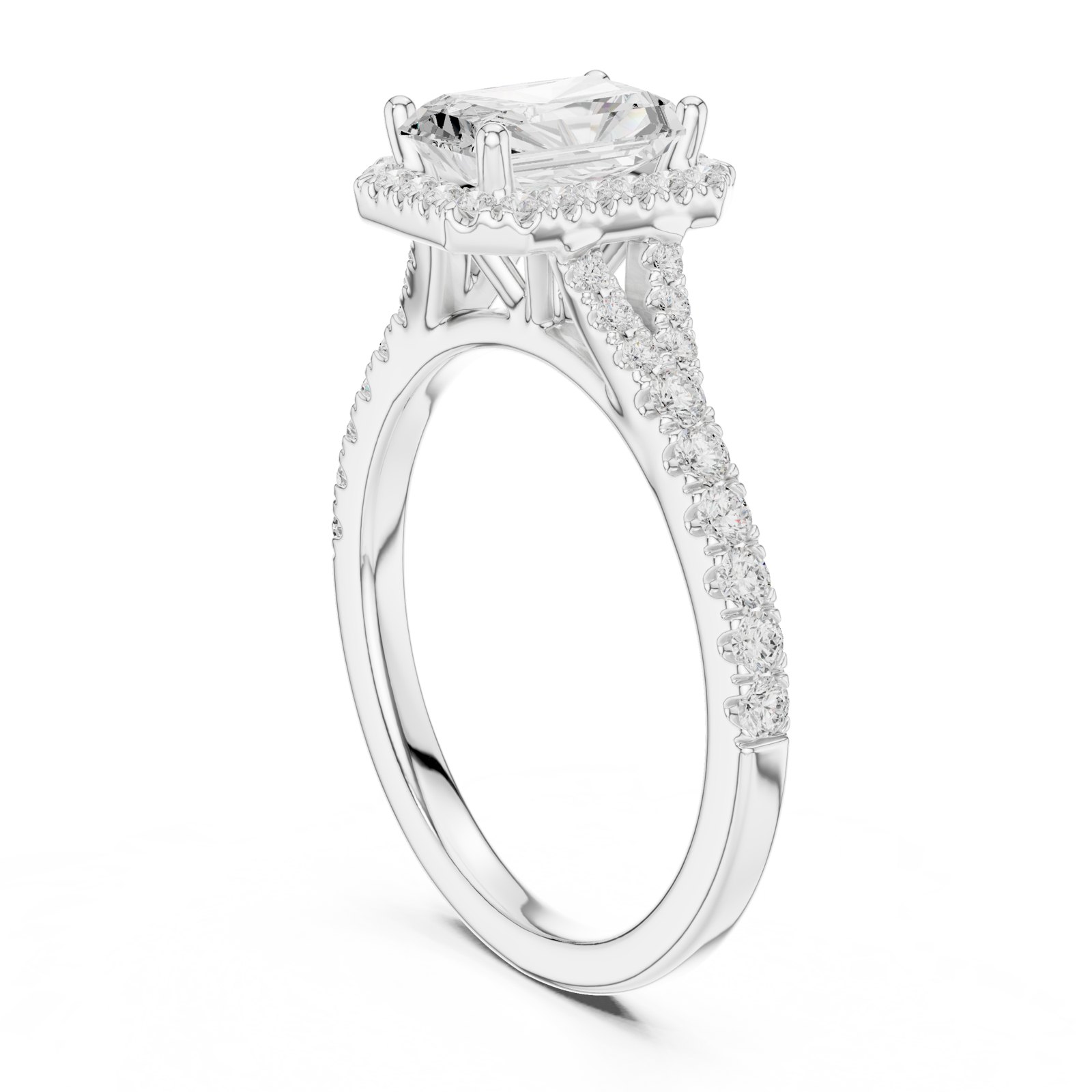 Niobe Radiant Cut Halo Split Shank Pavé Engagement Ring in white gold