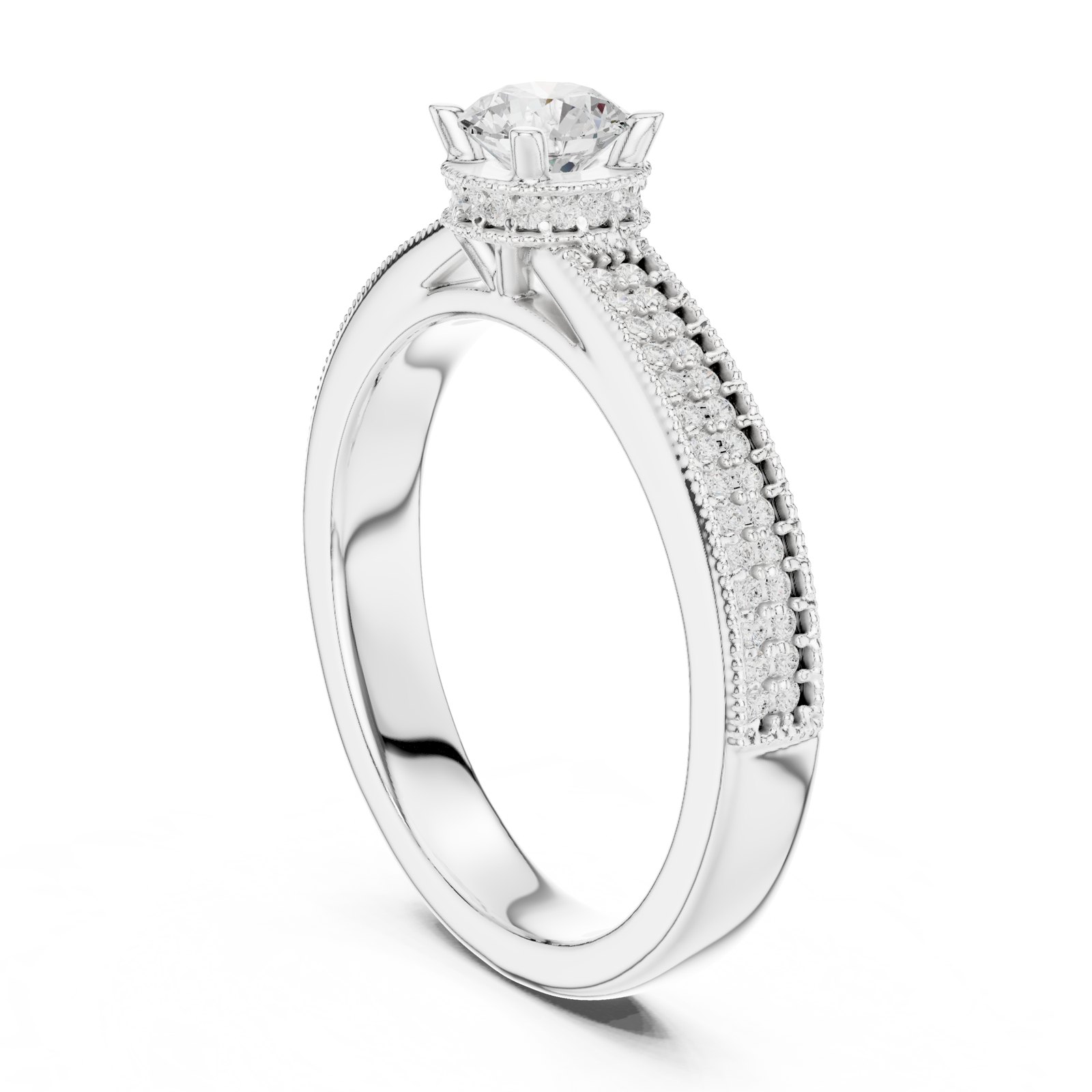 Belen Round Hidden Halo Engagement Ring with Pavé Band in white gold