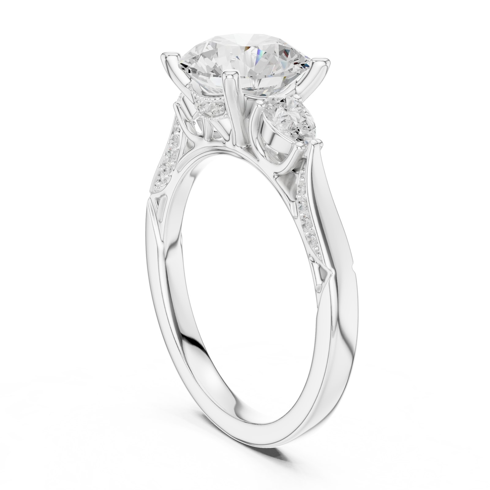Rose Round Three Stone Engagement Ring with Pavé Band in white gold
