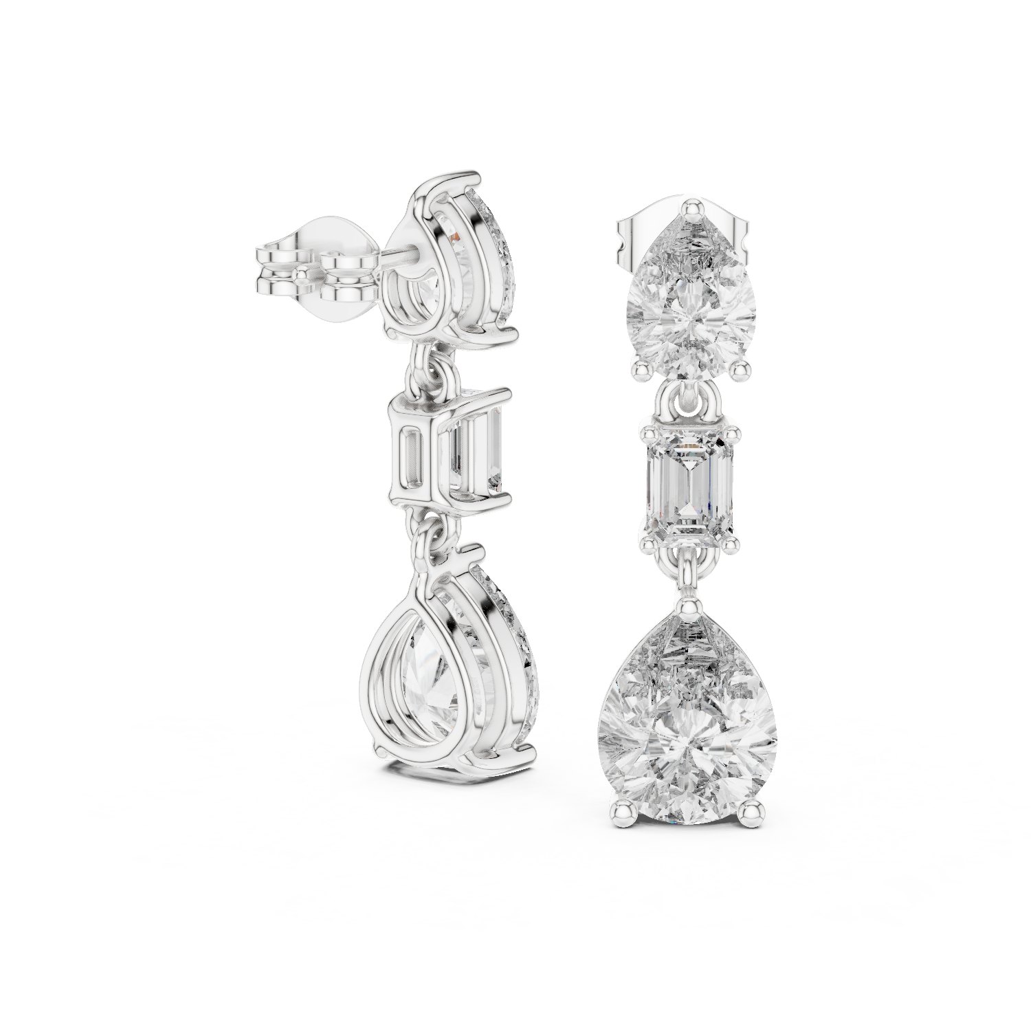 Morgane Pear and Emerald Cut Diamond Drop Earrings in white gold