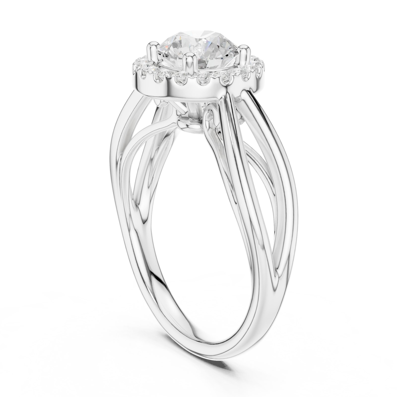 Gwenda Round Halo Engagement Ring with Split Shank in white gold