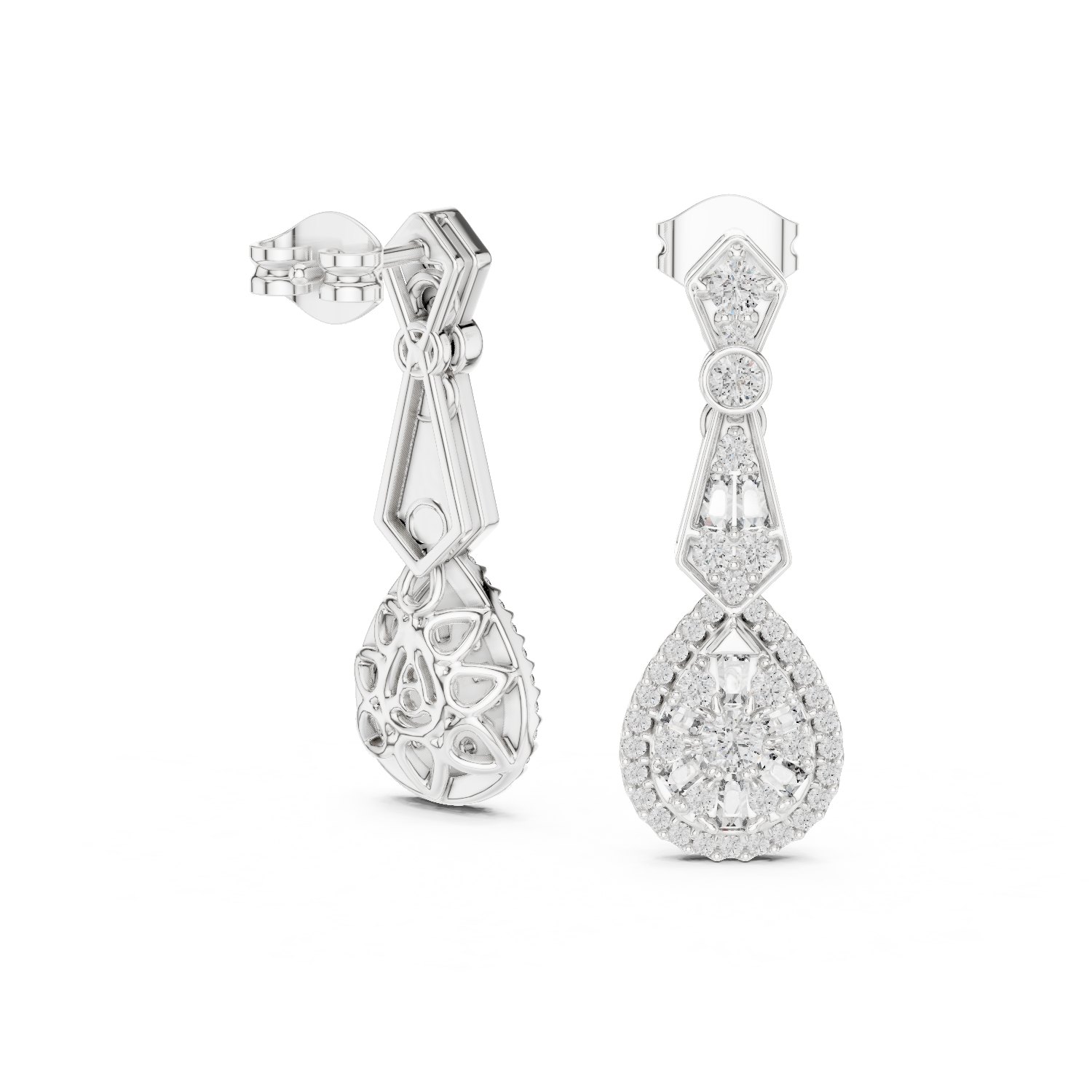 Isotta Geometric Pear Halo Diamond Drop Earrings in white gold