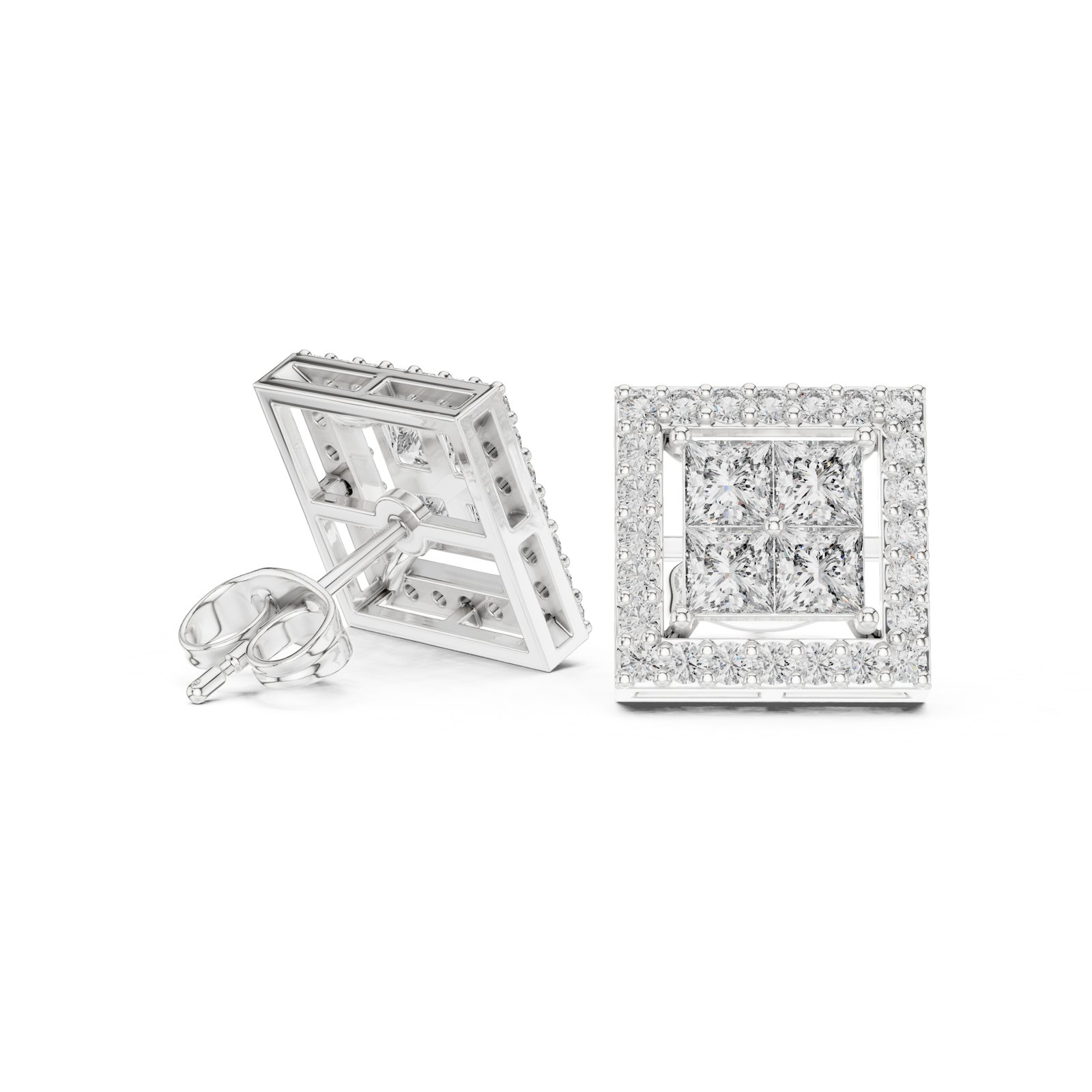 Abelia Princess Cluster Square Halo Stud Earrings in white gold