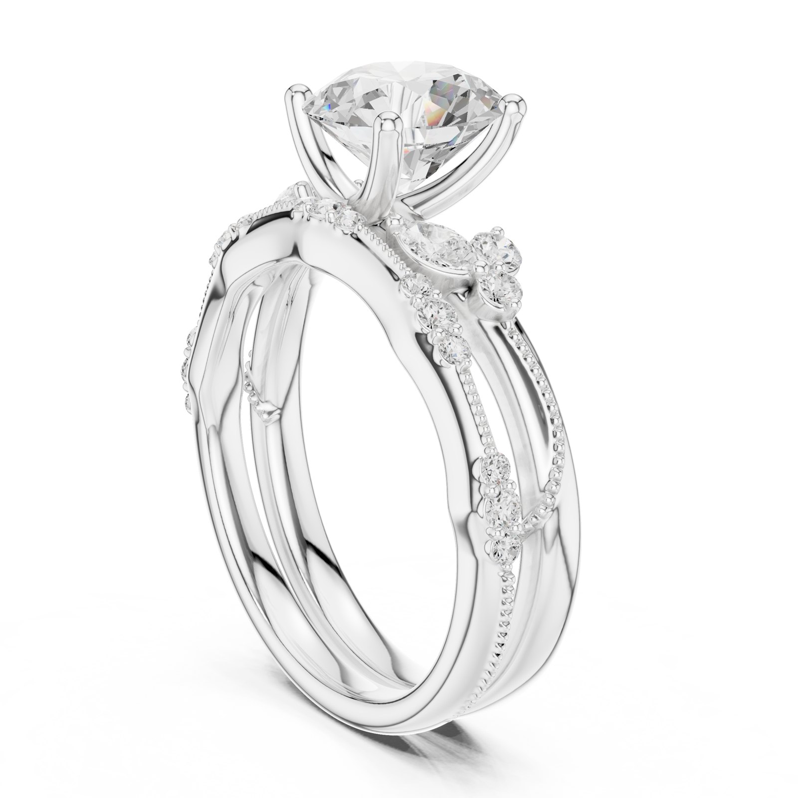 Georgette Round Botanical Engagement Ring with Marquise Leaves in white gold