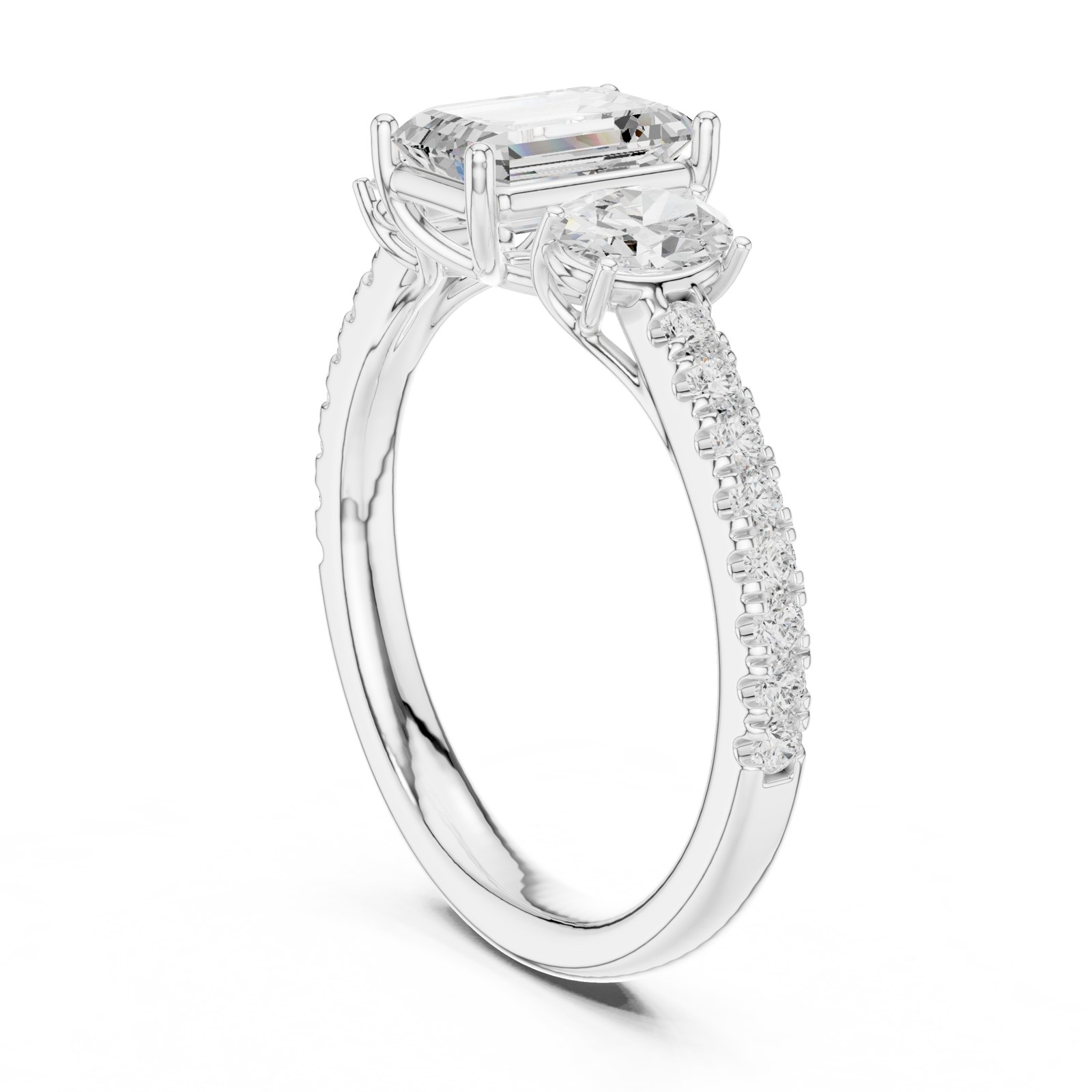 Cordelia Radiant Three Stone Engagement Ring with Oval Side Stones in white gold