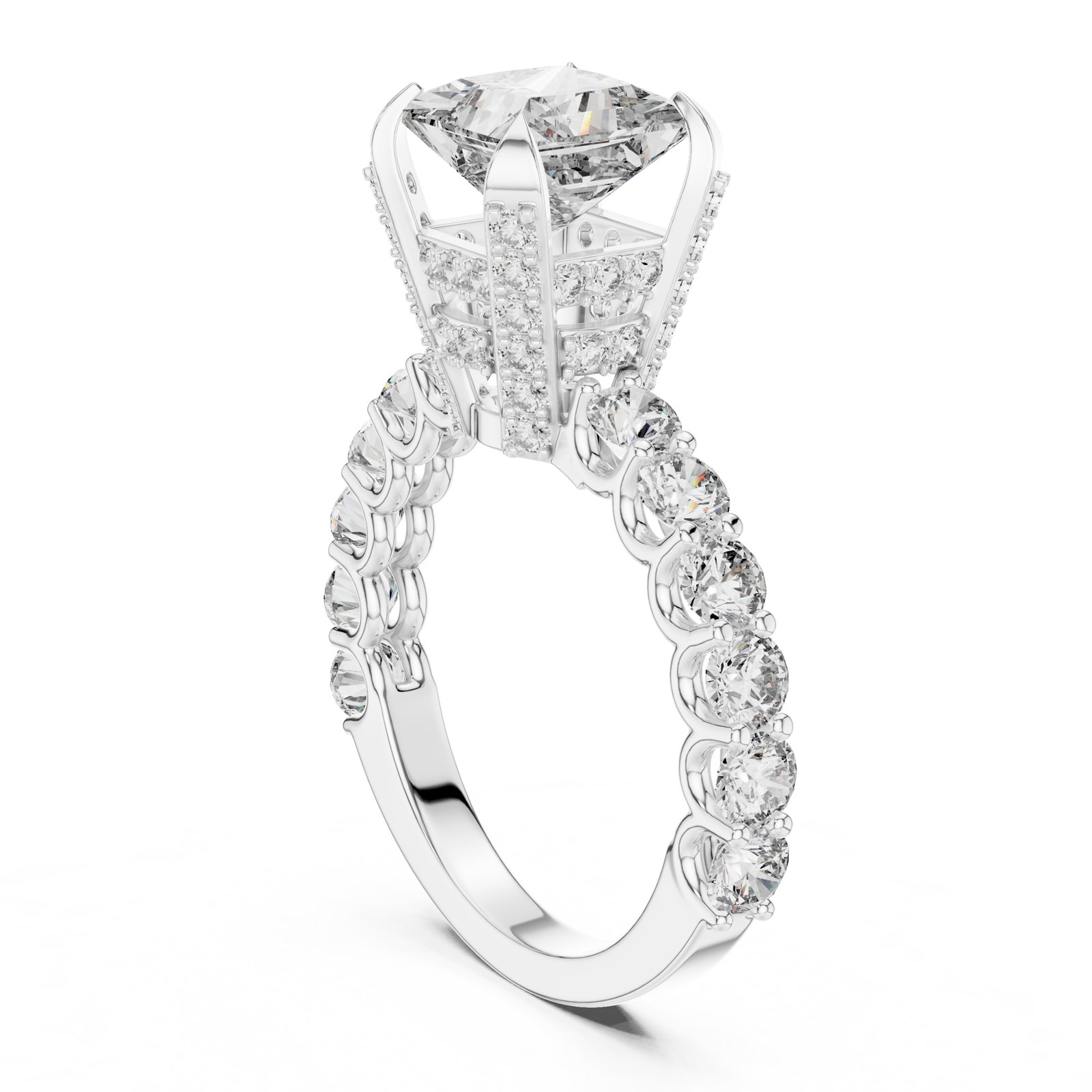 Adelia Princess Hidden Halo Engagement Ring with Diamond Band in white gold