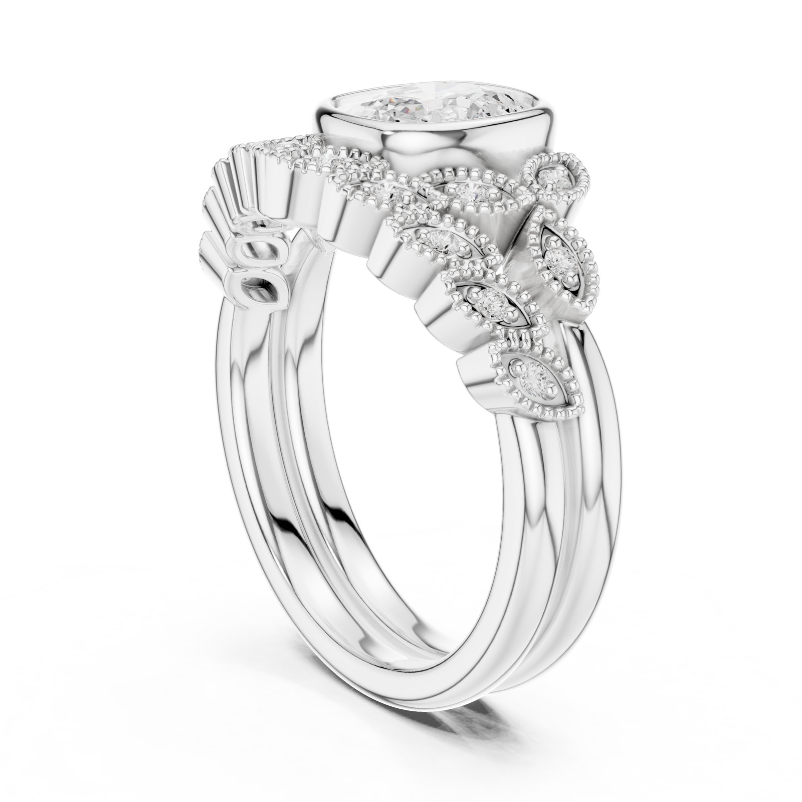 Galatea Cushion Bezel Floral Milgrain Engagement Ring Set in white gold