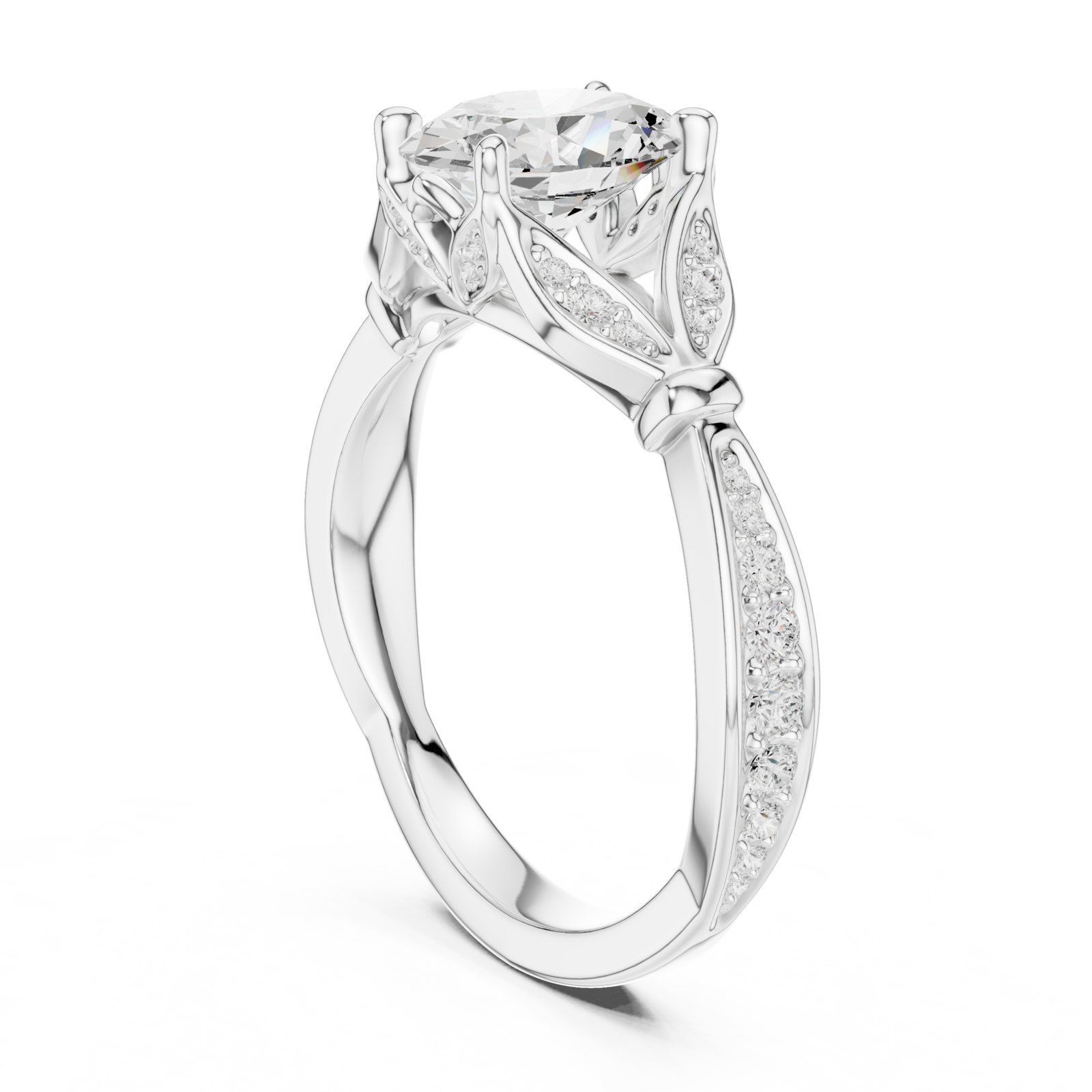 Vanesa Oval Leaf Detail Twisted Pavé Engagement Ring in white gold