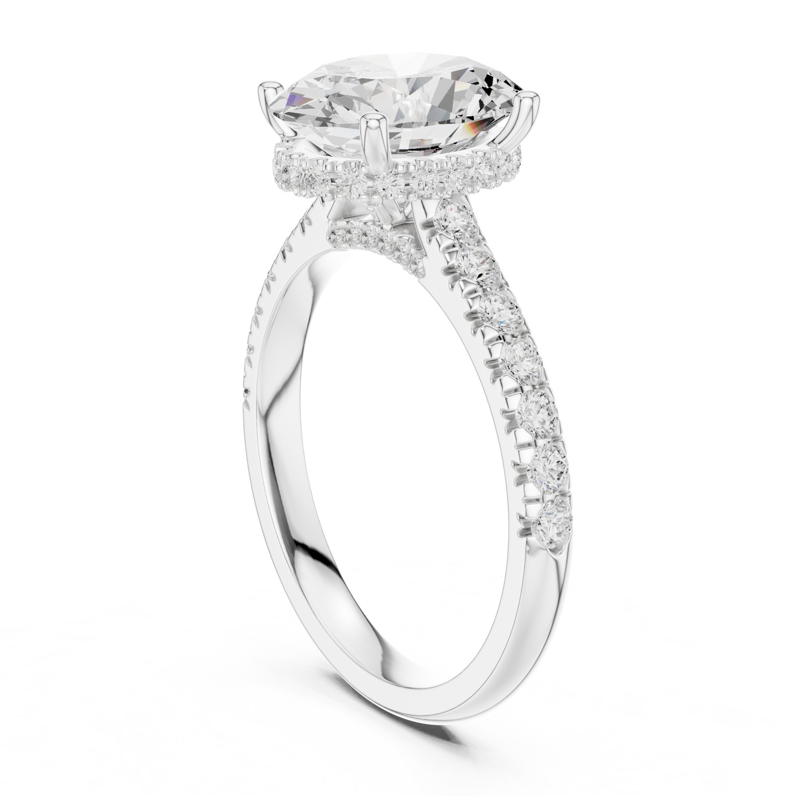 Ines Oval Hidden Halo Pavé Shoulder Engagement Ring in white gold