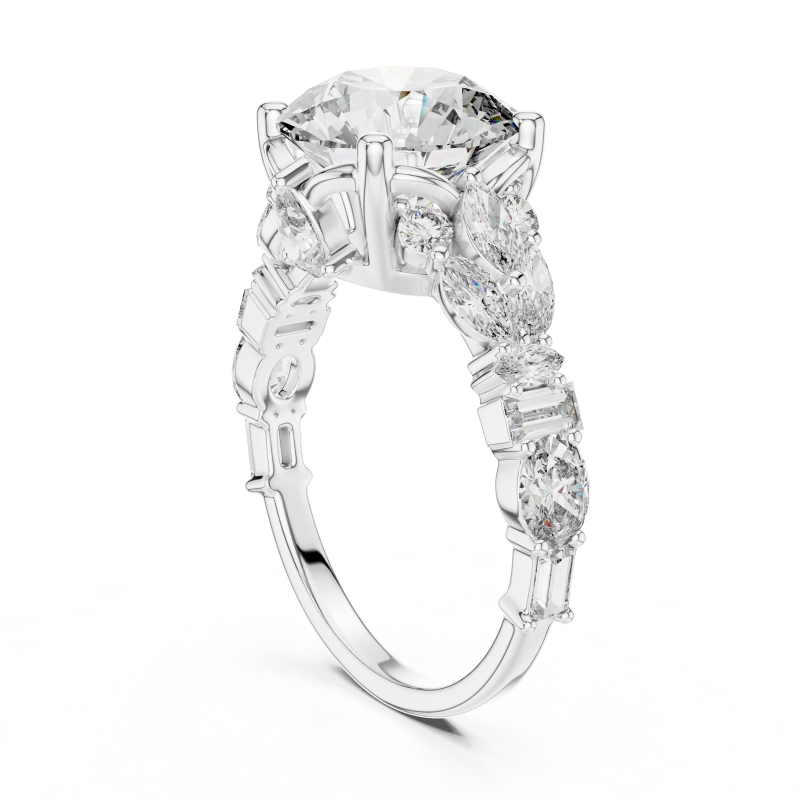 Kinsley Round Engagement Ring with Marquise and Baguette Sides in white gold