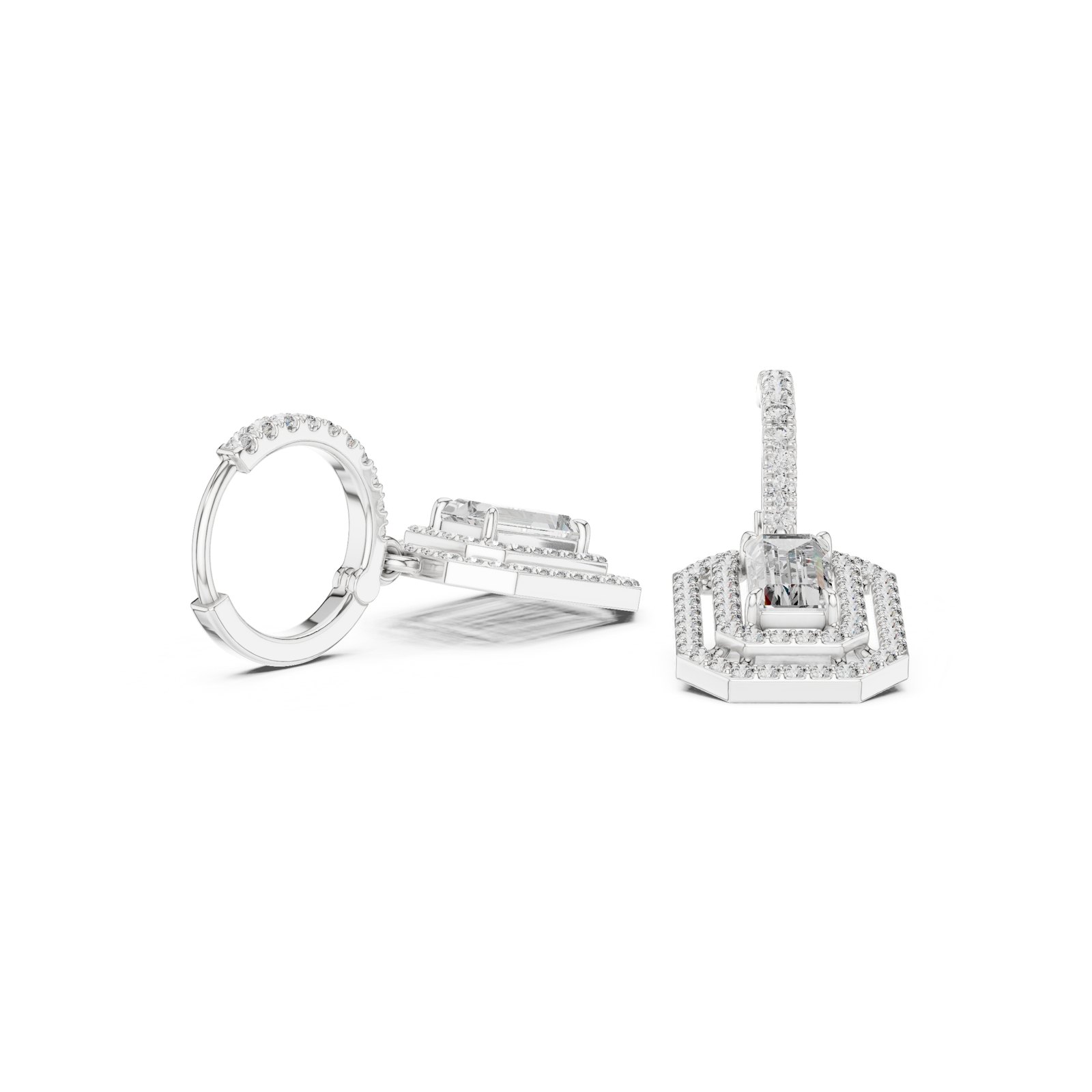 Elenoire Double Halo Emerald Cut Hoop Drop Earrings in white gold