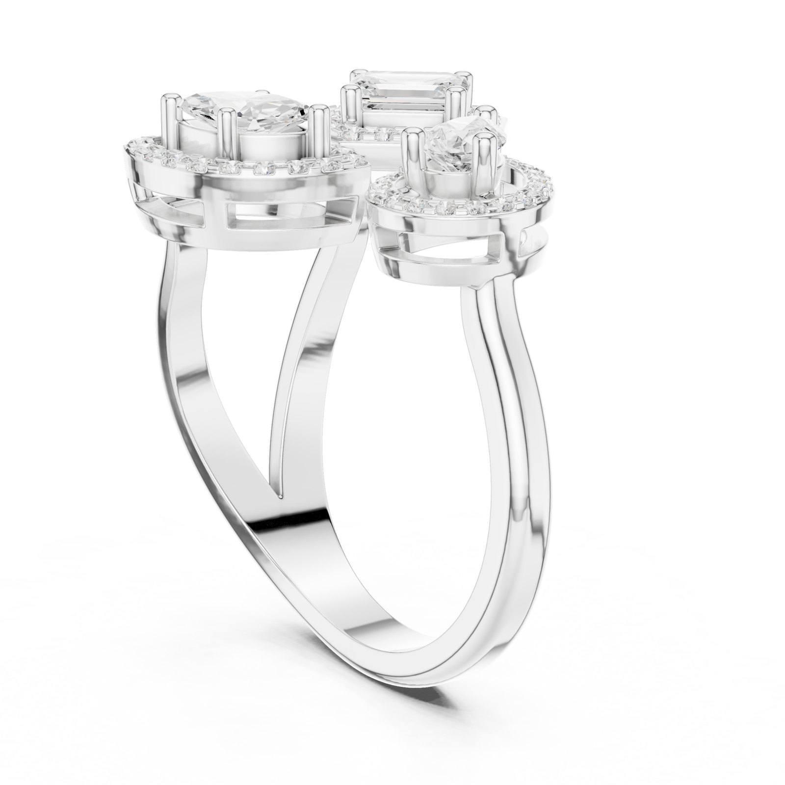 Callista Mixed Cut Halo Trio Cocktail Ring with Open Shank in white gold