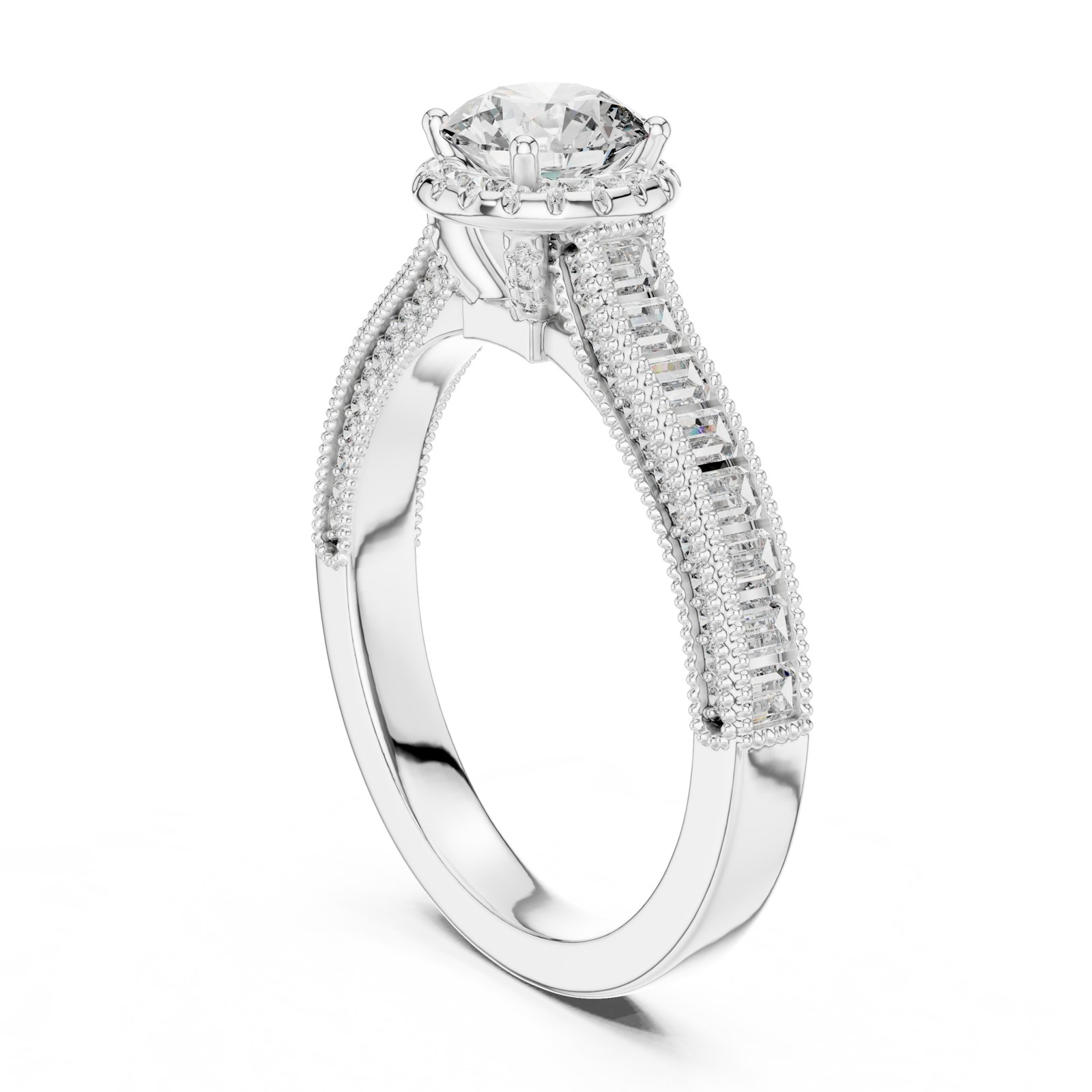Carola Round Milgrain Halo Engagement Ring with Baguette Shoulders in white gold