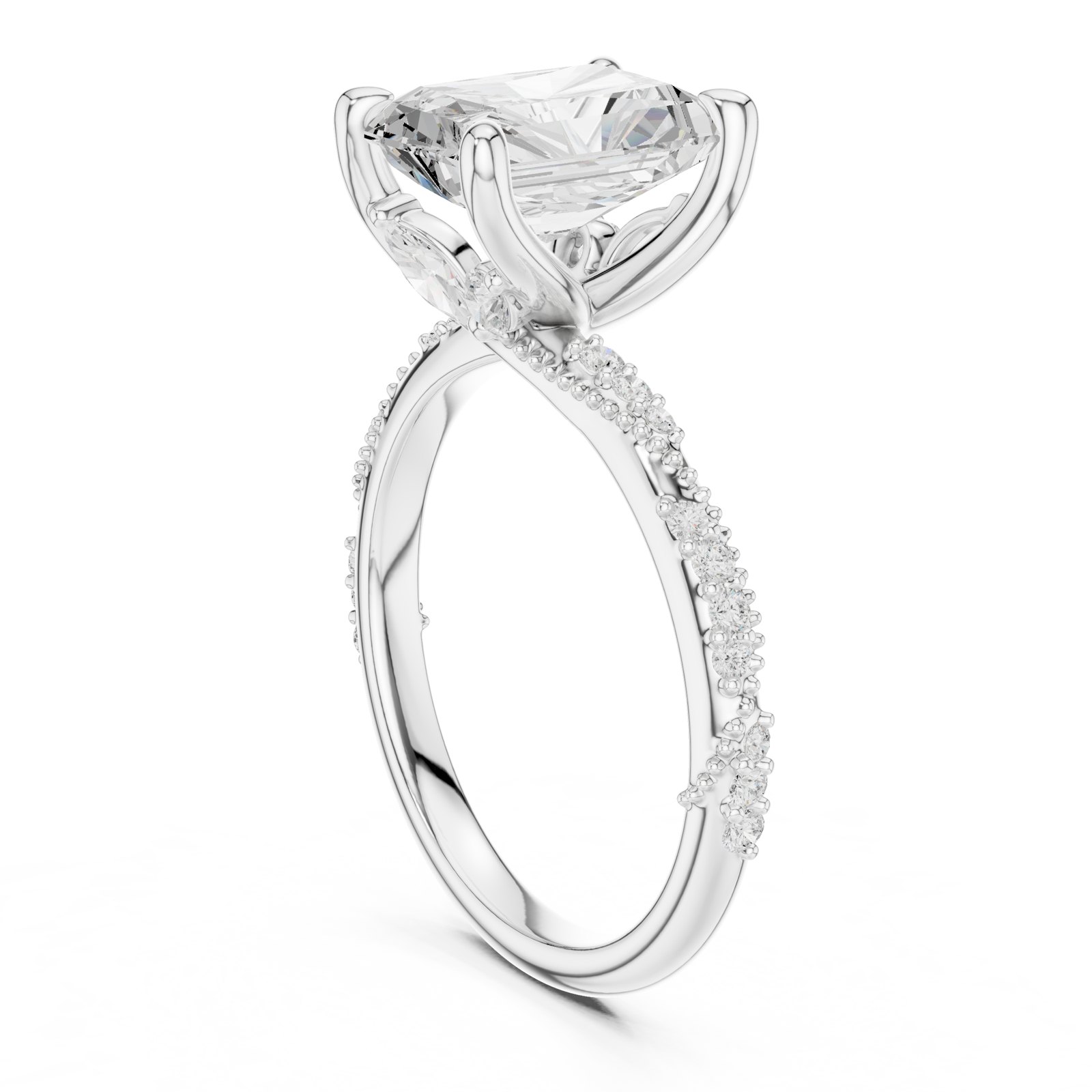 Ilaria Radiant Cut Hidden Halo Twist Pavé Engagement Ring in white gold