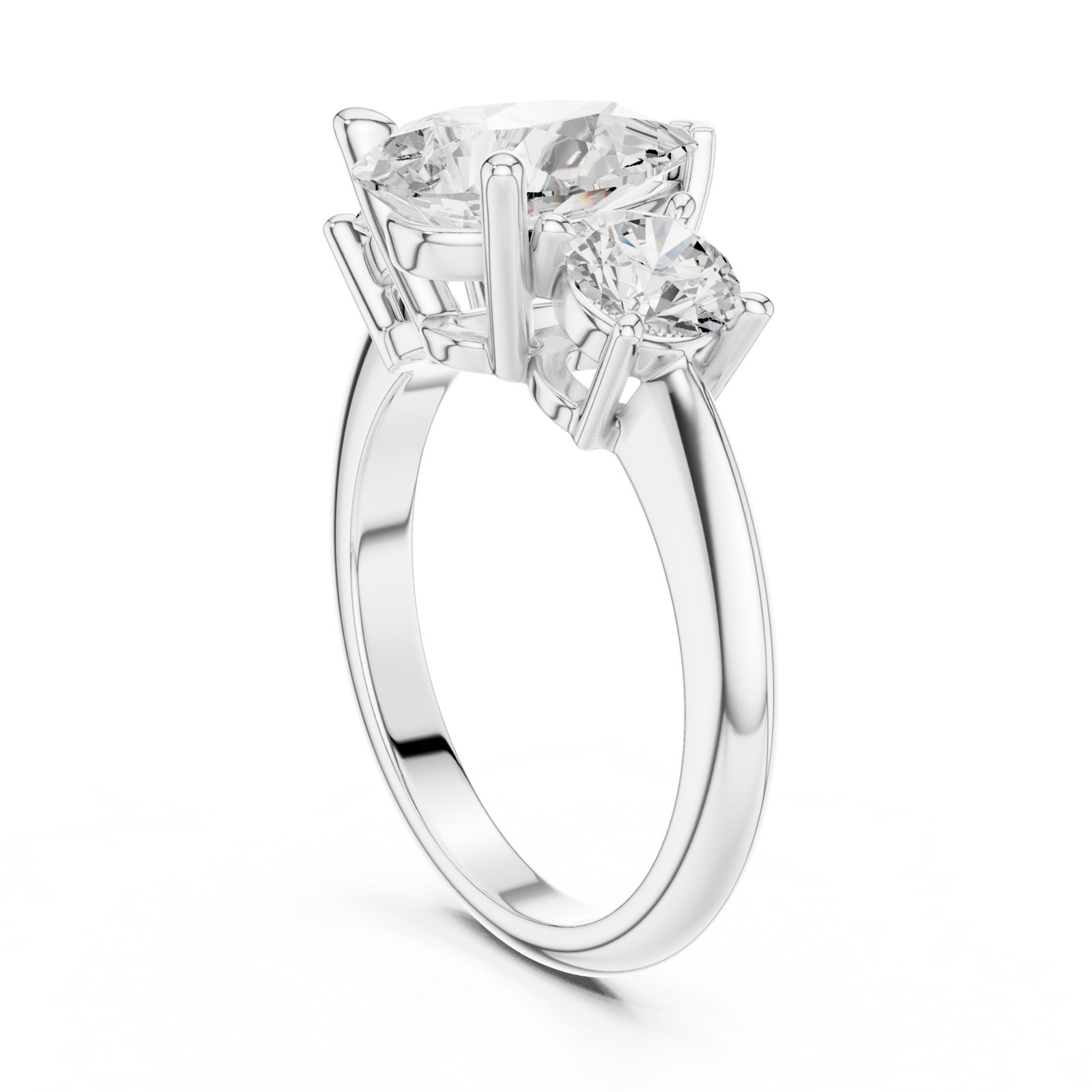 Amalthea Pear Three Stone Engagement Ring with Round Sides in white gold