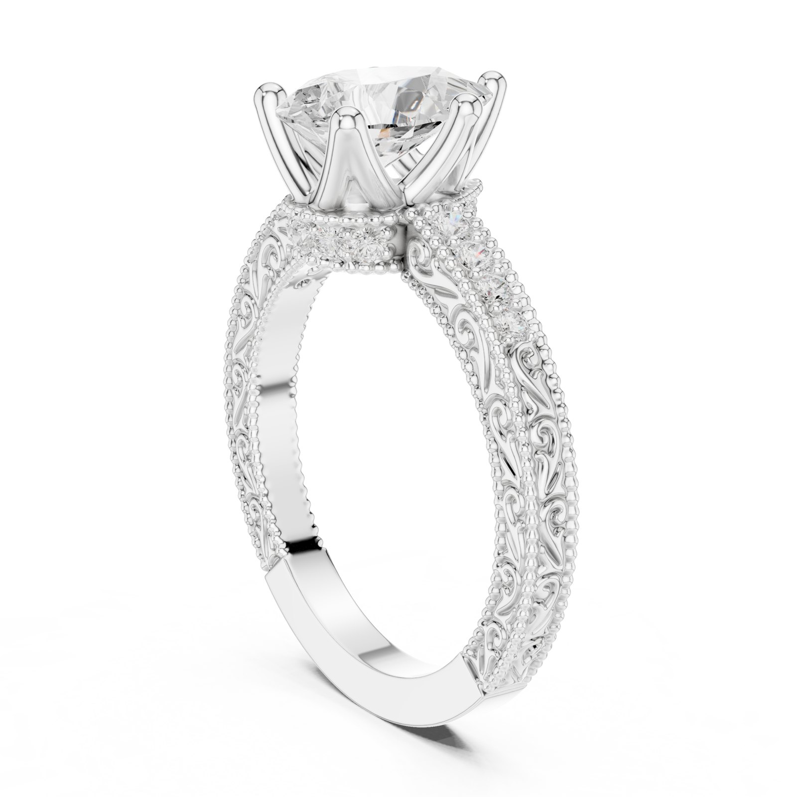 Brita Pear Vintage Style Engagement Ring with Engraved Shank in white gold