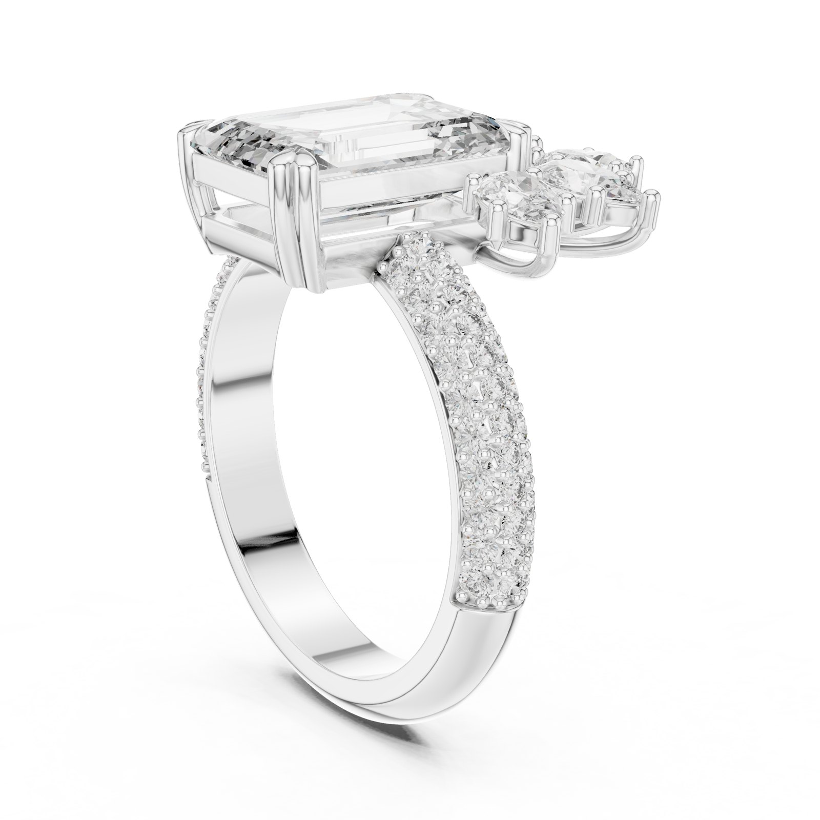 Clementine Emerald Cut Pavé Cocktail Ring with Side Cluster in white gold