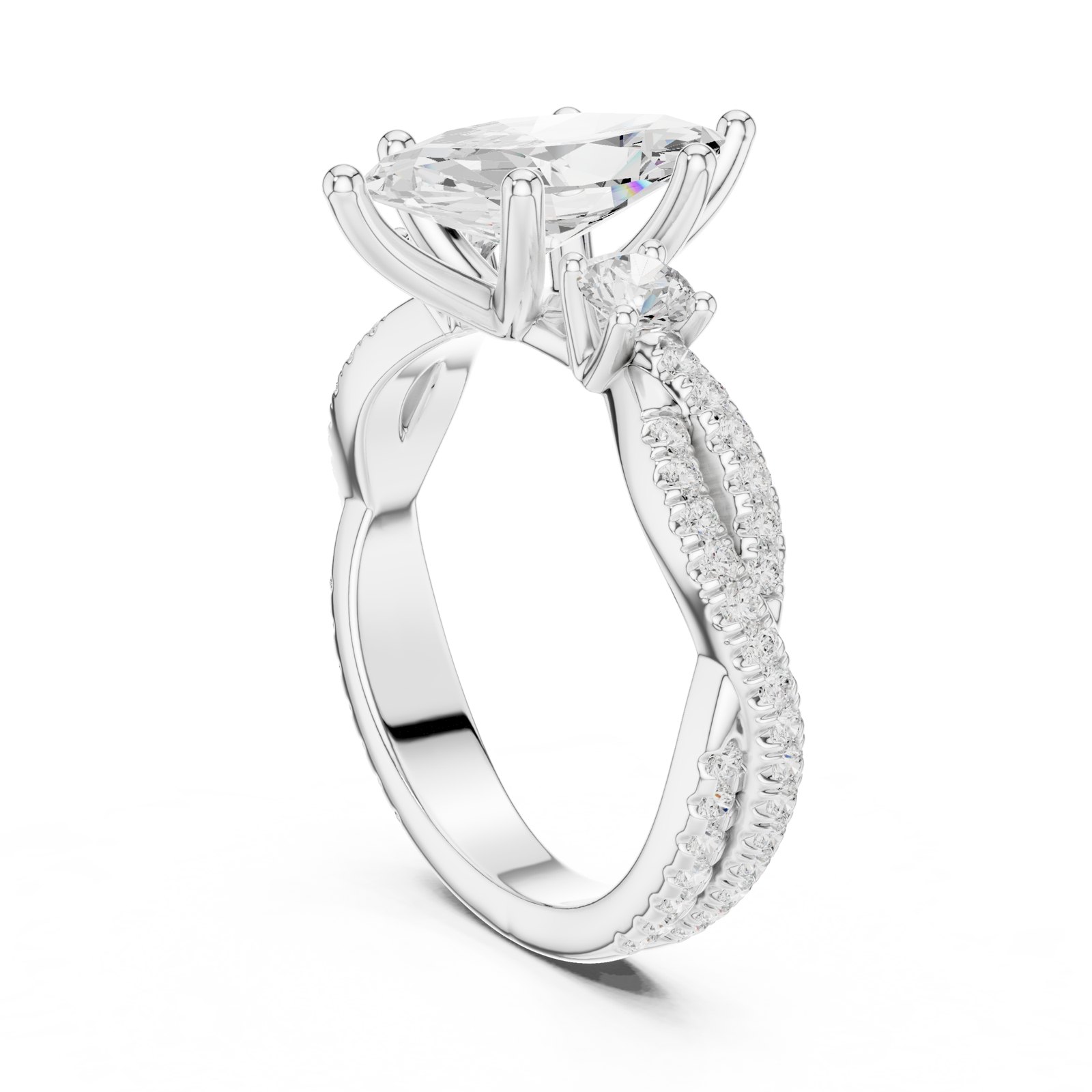 Vesna Marquise Three Stone Engagement Ring with Twisted Pavé Band in white gold