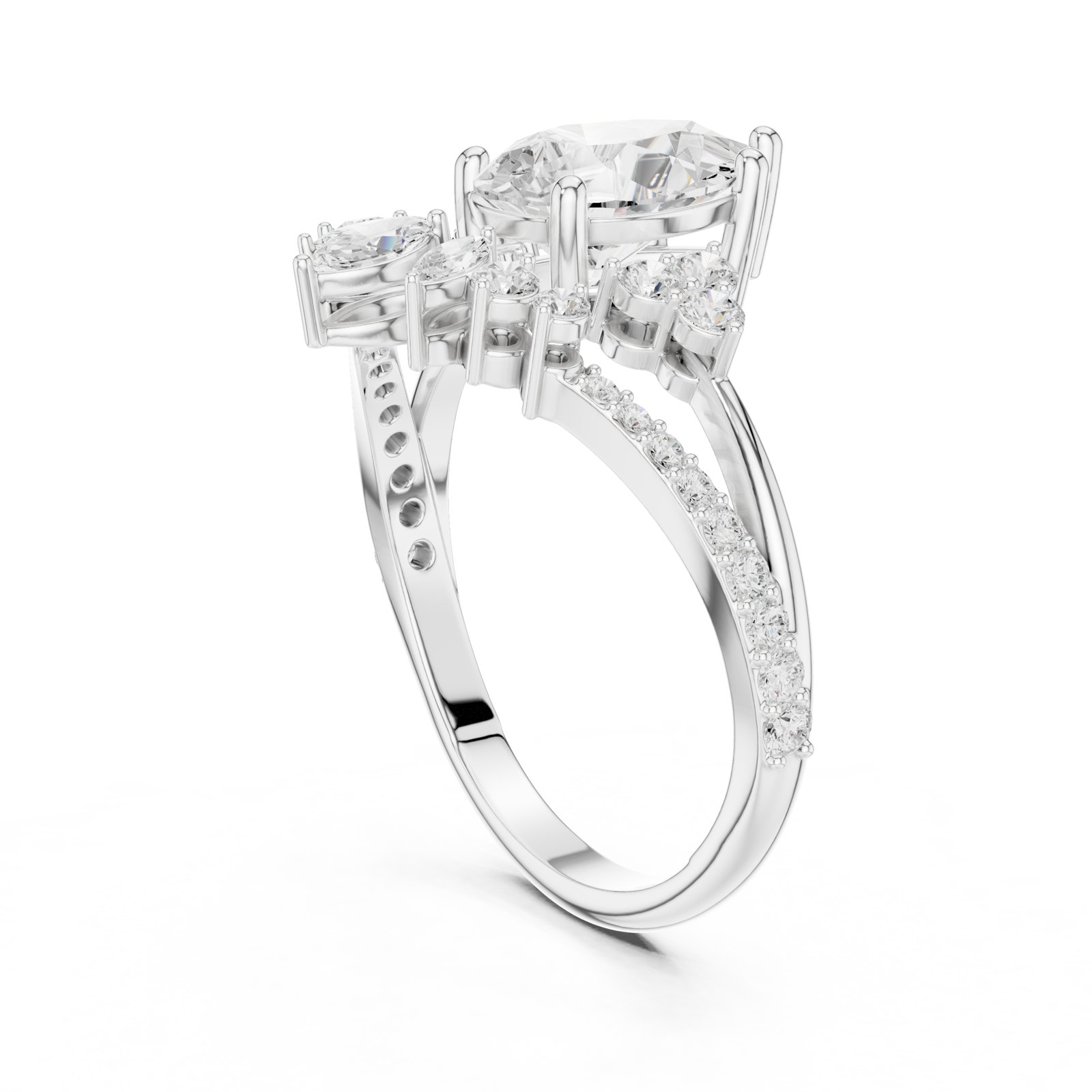 Kalista Vintage Pear Cluster Bypass Engagement Ring in white gold