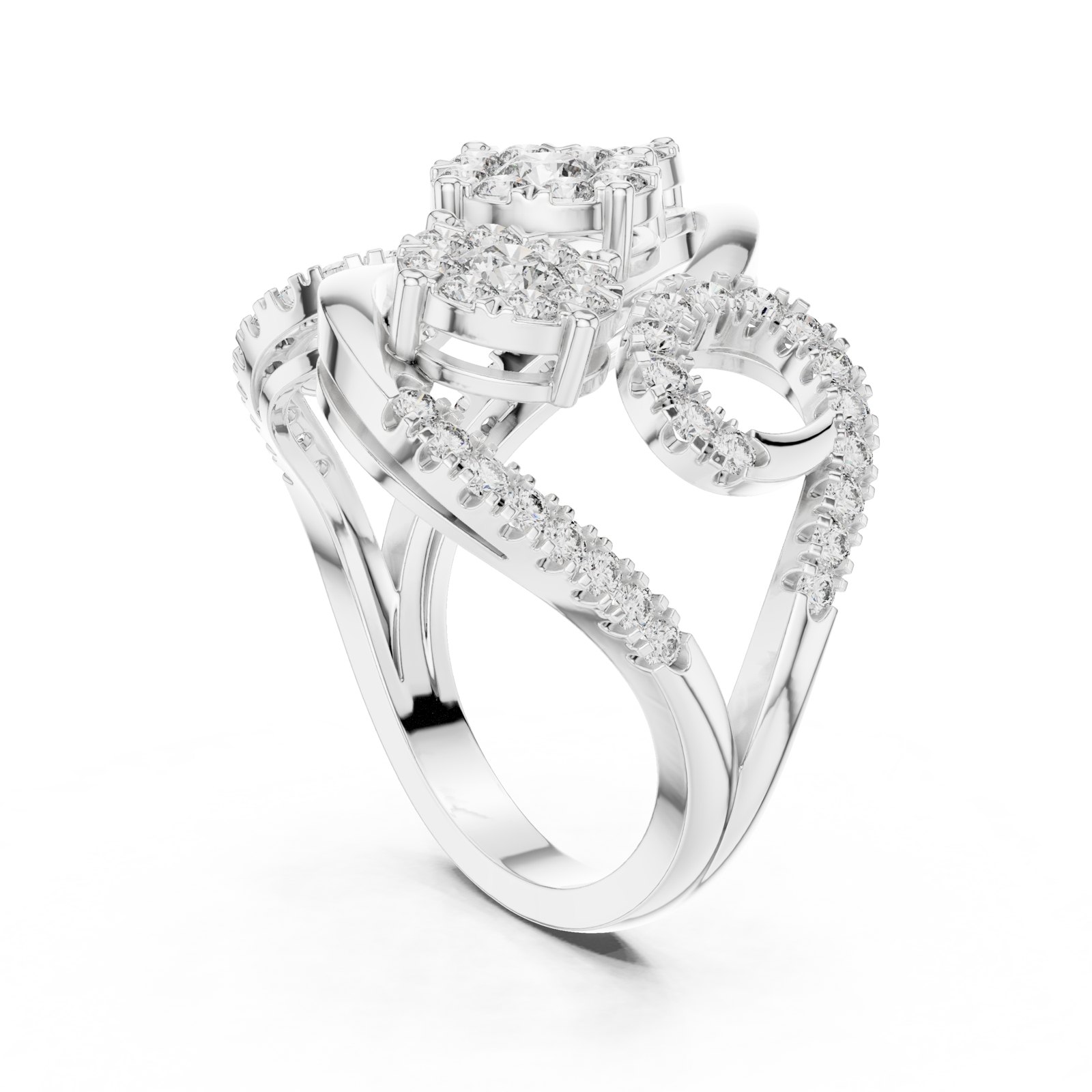 Atalanta Floral Cluster Cocktail Ring with Pavé Swirls in white gold