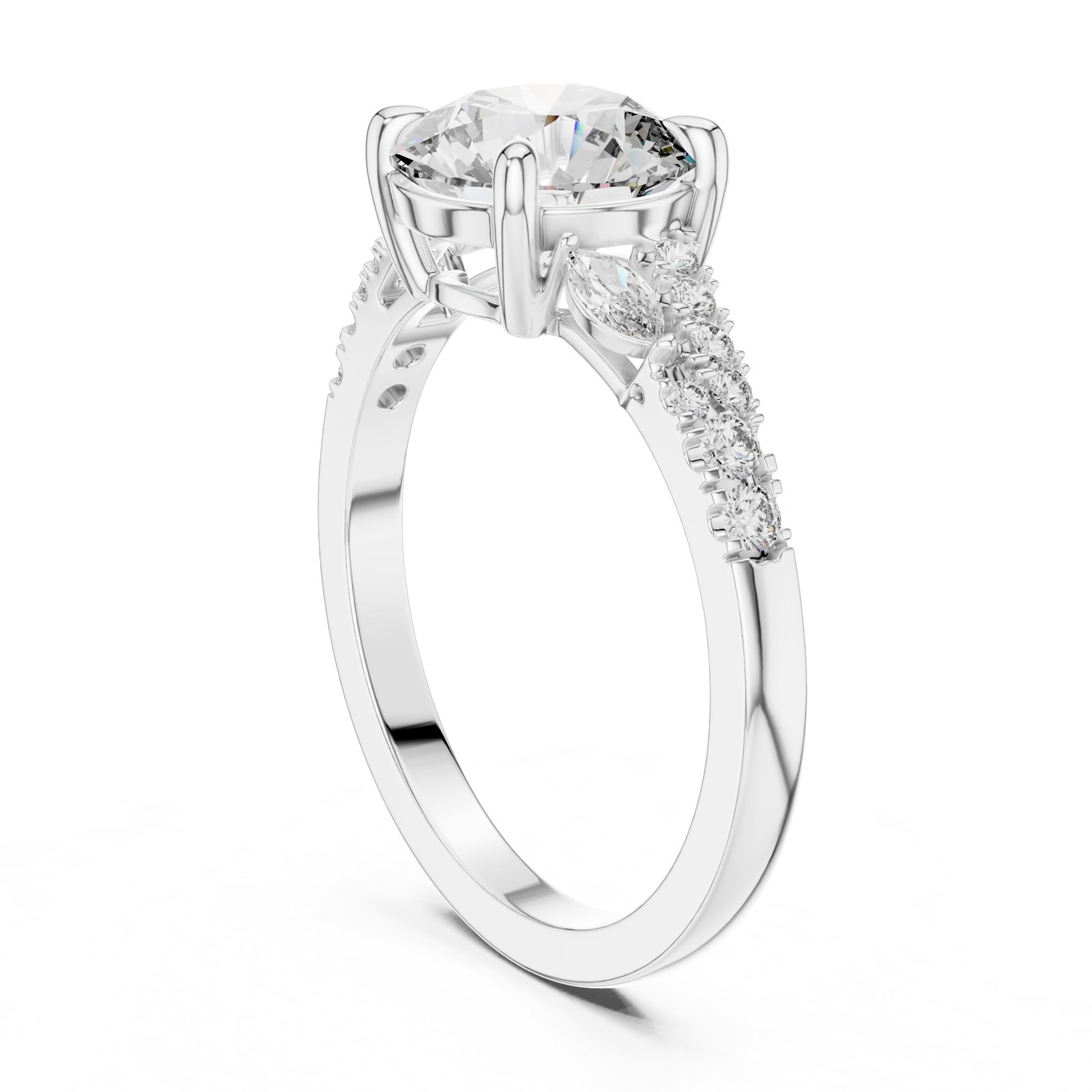 Melody Round Three Stone Engagement Ring with Marquise Accents in white gold
