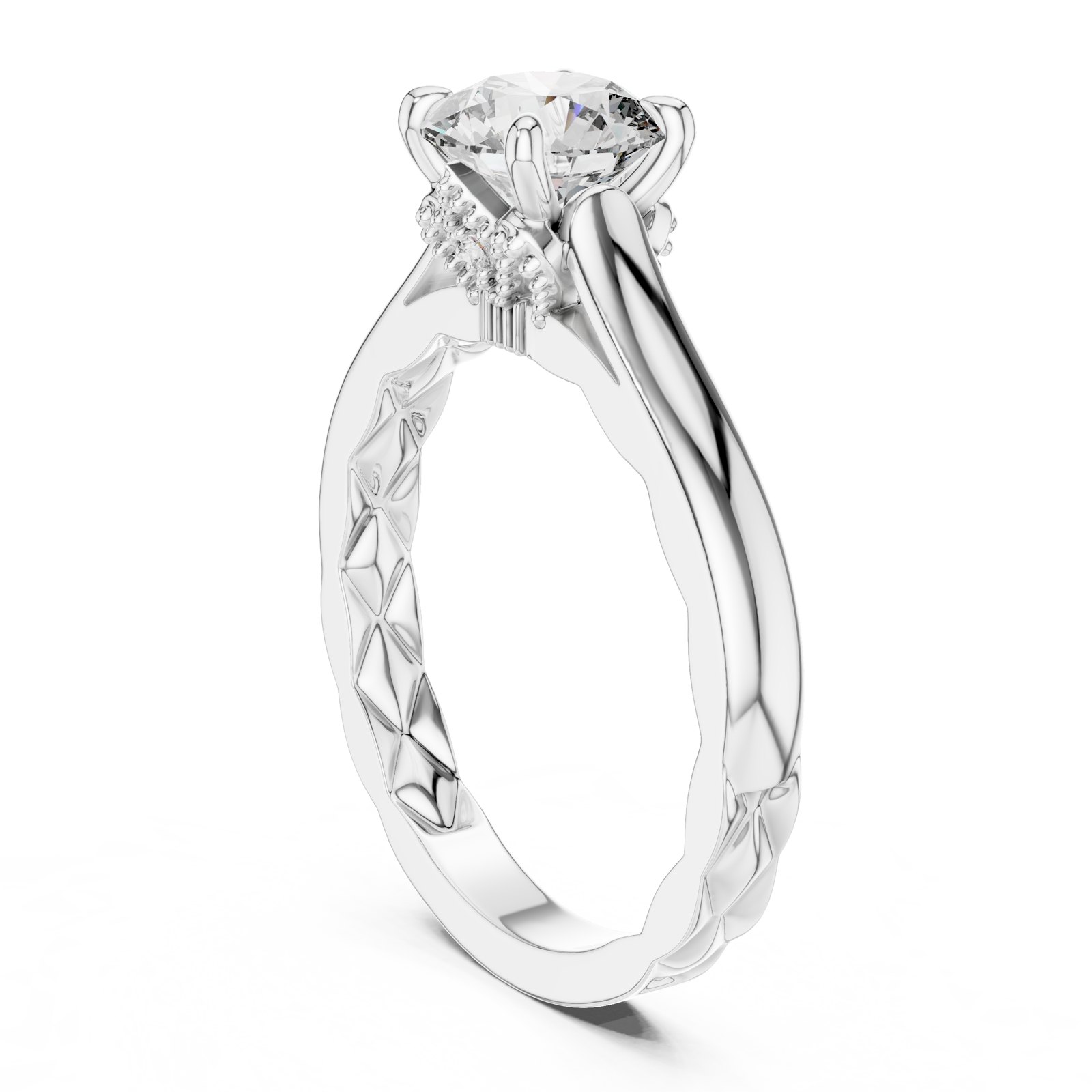 Zaya Round Solitaire Engagement Ring with Patterned Band in white gold
