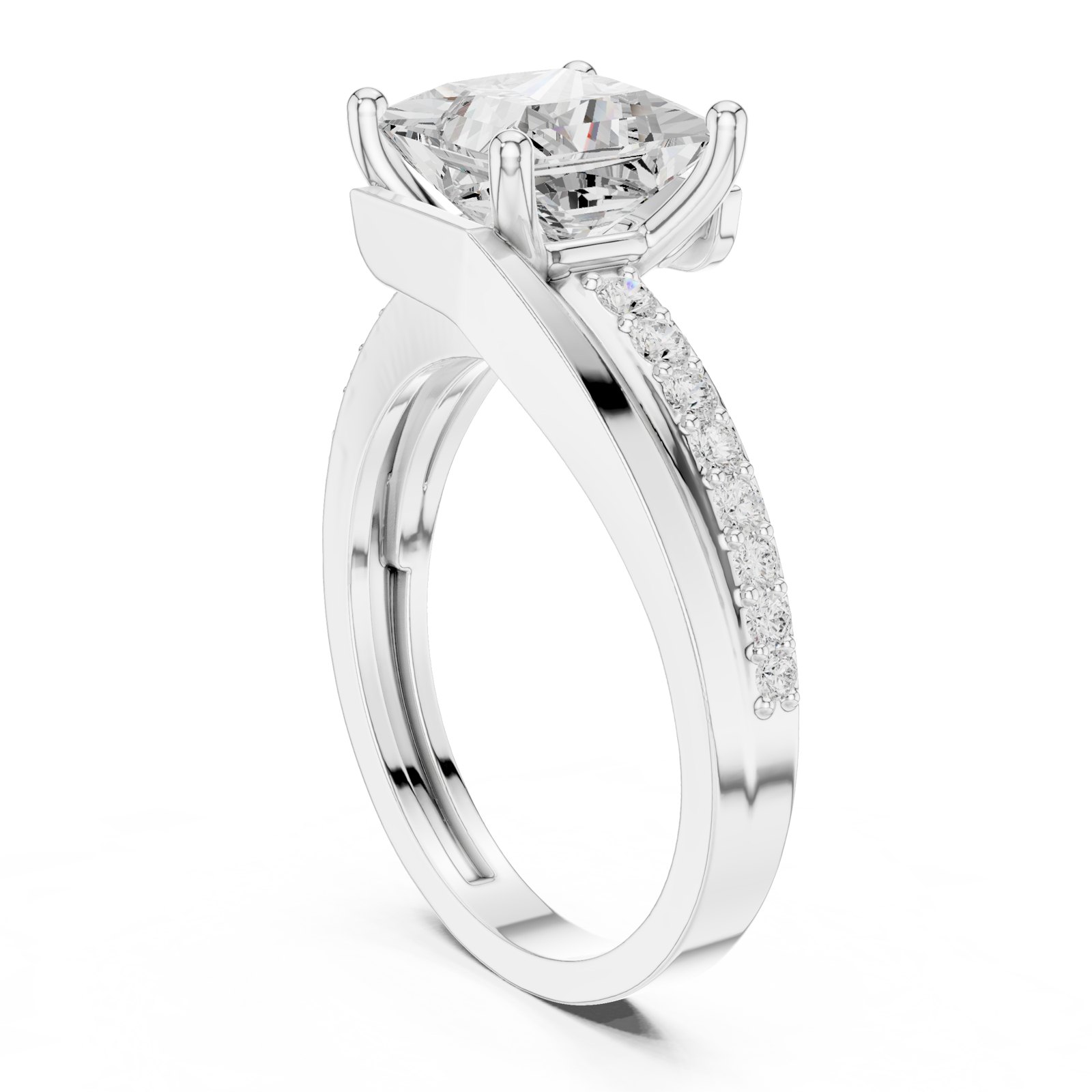 Bronte Princess Cut Bypass Engagement Ring with Pavé Shank in white gold