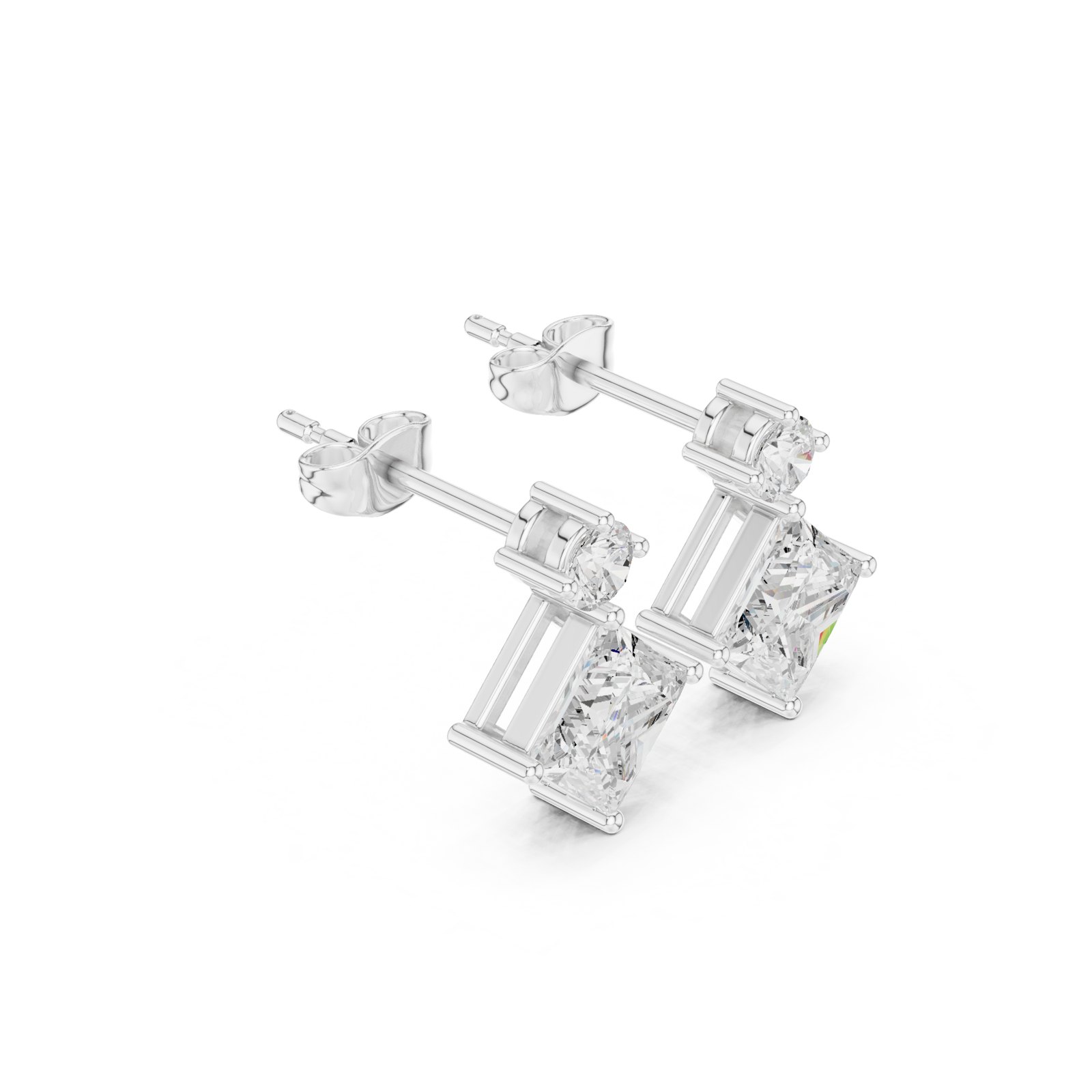 Serene Princess Cut and Round Diamond Drop Stud Earrings in white gold