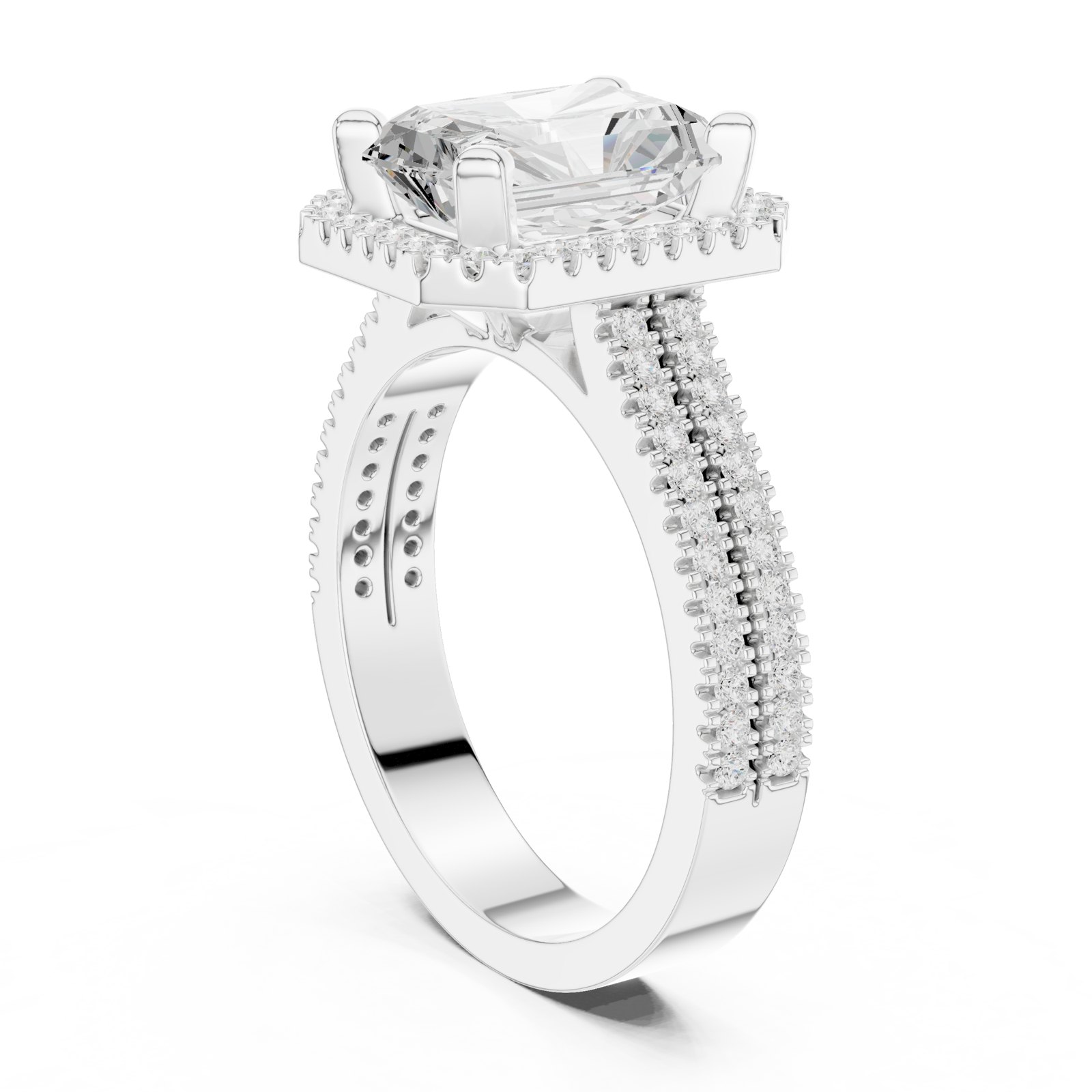 Frieda Radiant Halo Engagement Ring with Wide Double Pavé Band in white gold