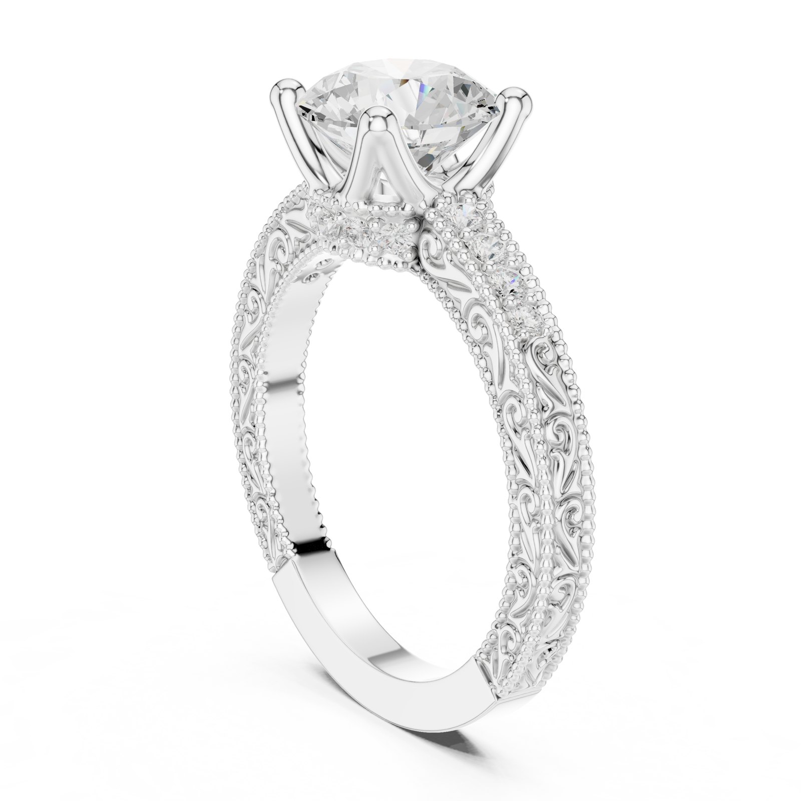Brita Round Vintage Style Engagement Ring with Engraved Band in white gold