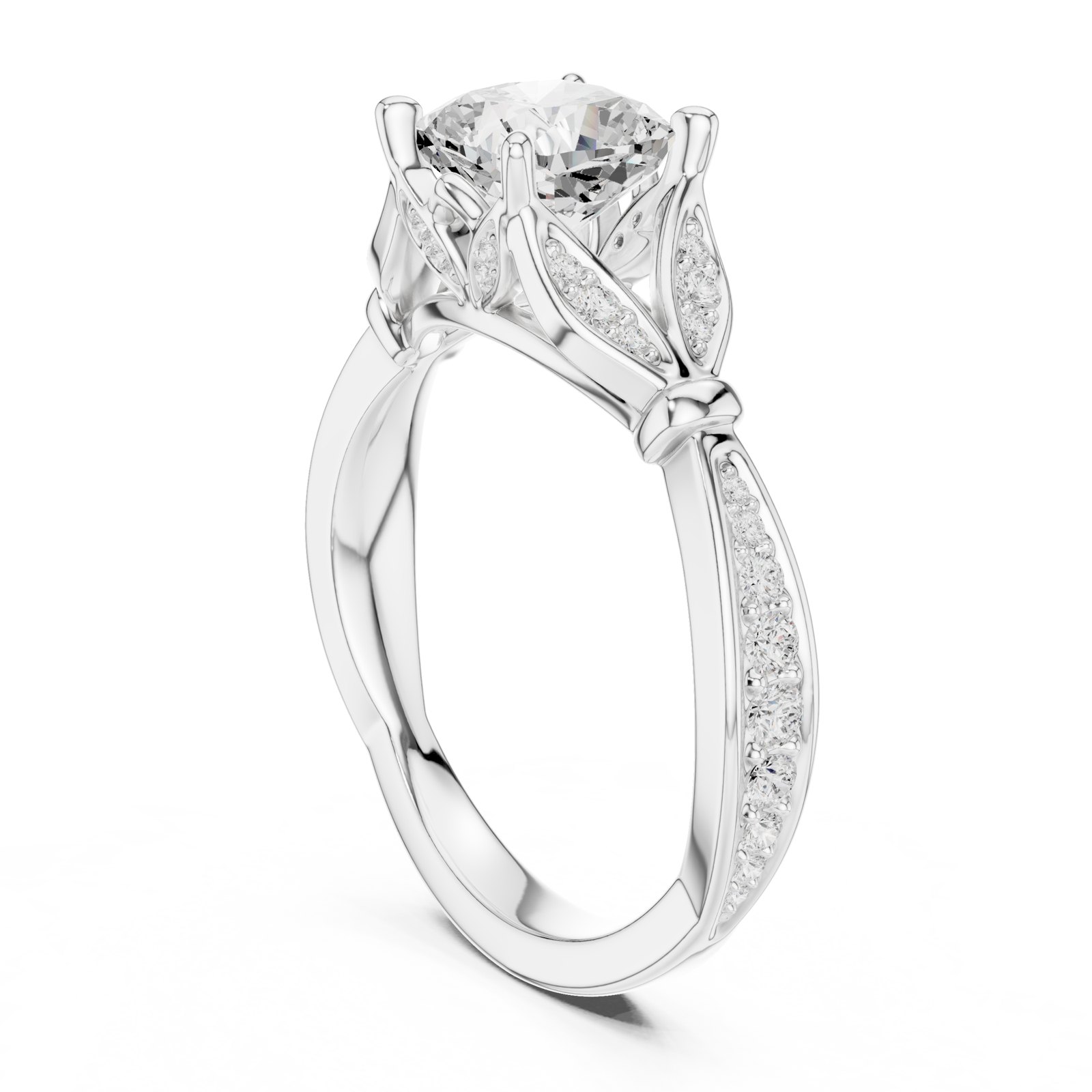 Vanesa Cushion Leaf Detail Twisted Pavé Engagement Ring in white gold