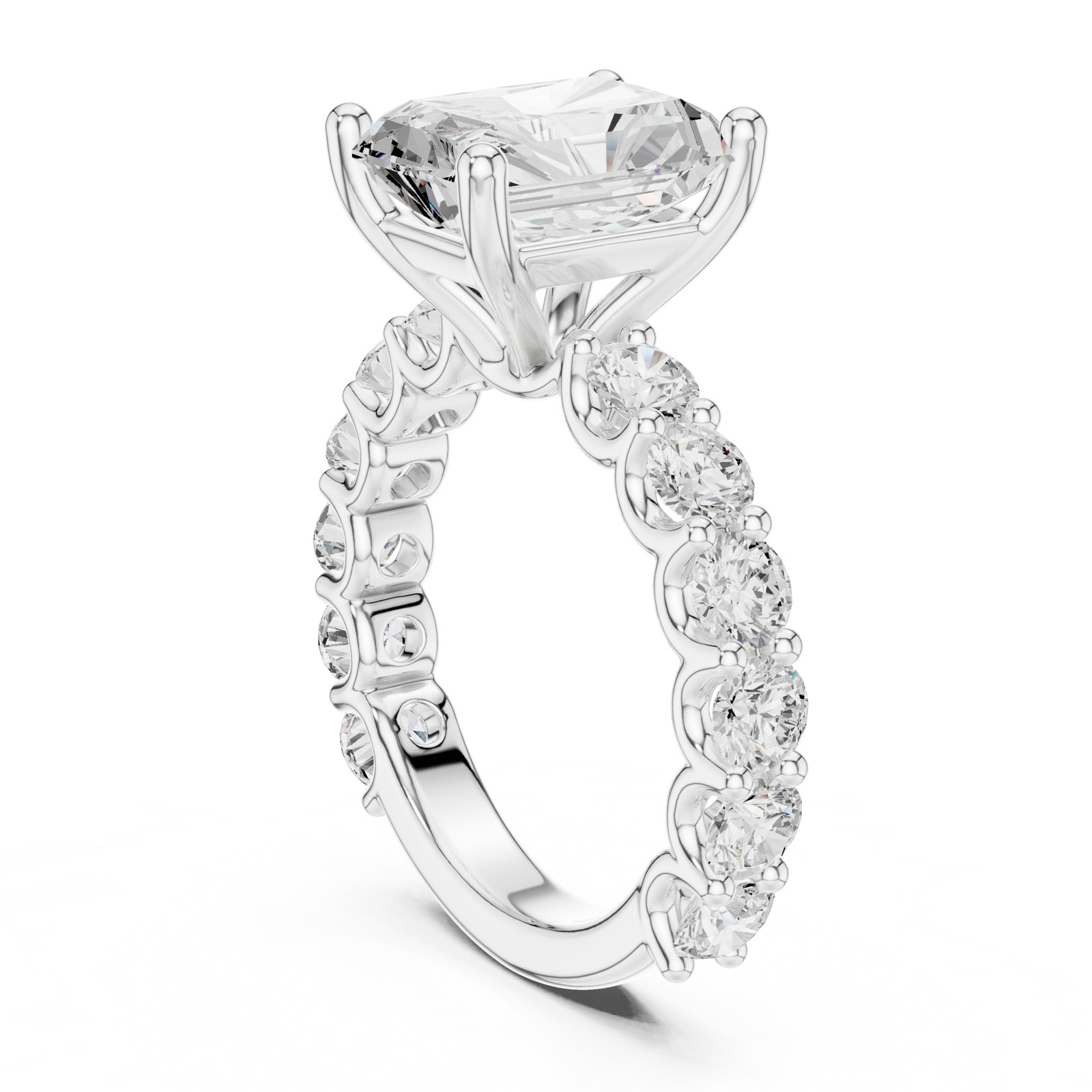Benigna Radiant Solitaire Engagement Ring with Shared Prong Band in white gold