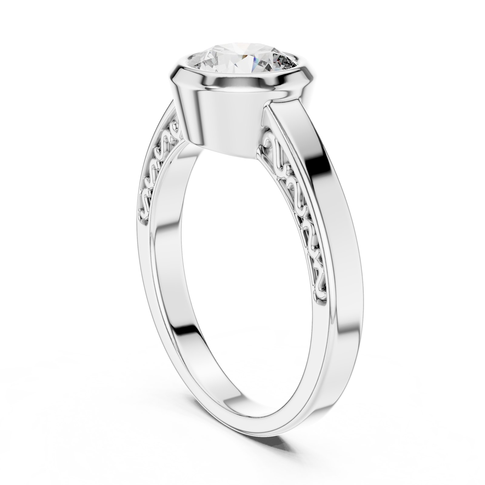 Ailsa Round Bezel Engagement Ring with Engraved Shank in white gold