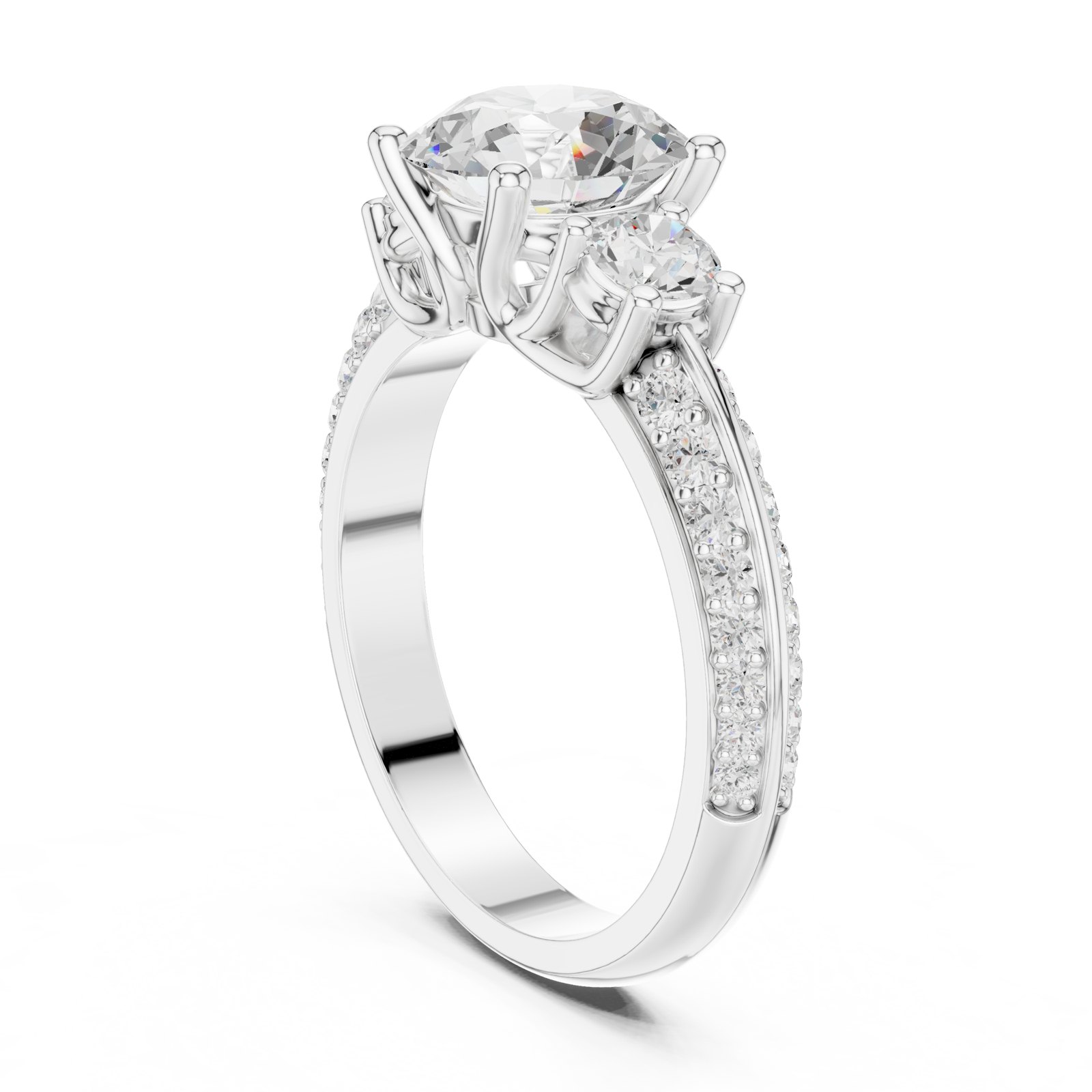 Grete Round Three Stone Engagement Ring with Pavé Band in white gold