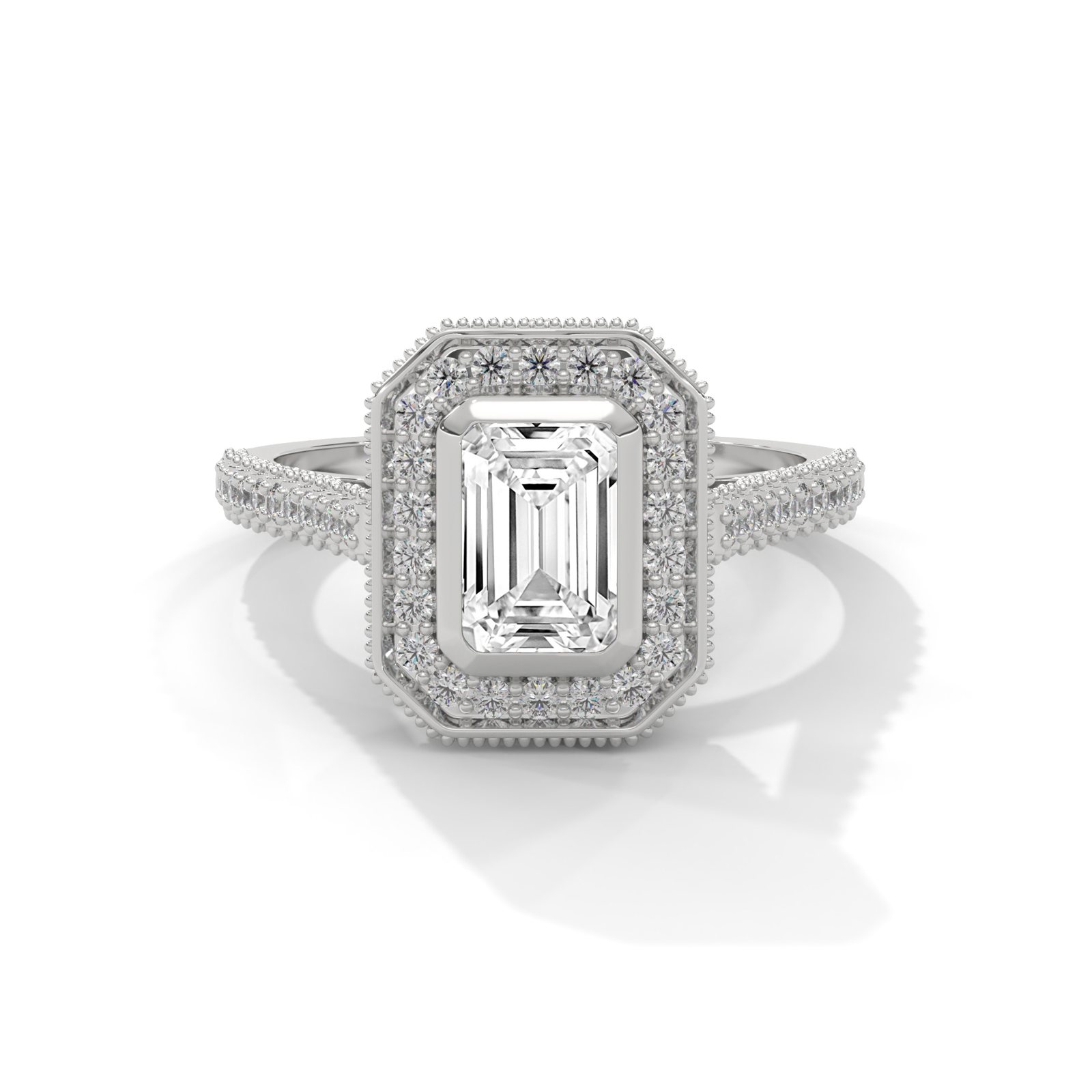 Emerald-Cut Bezel Halo Pavé Ring