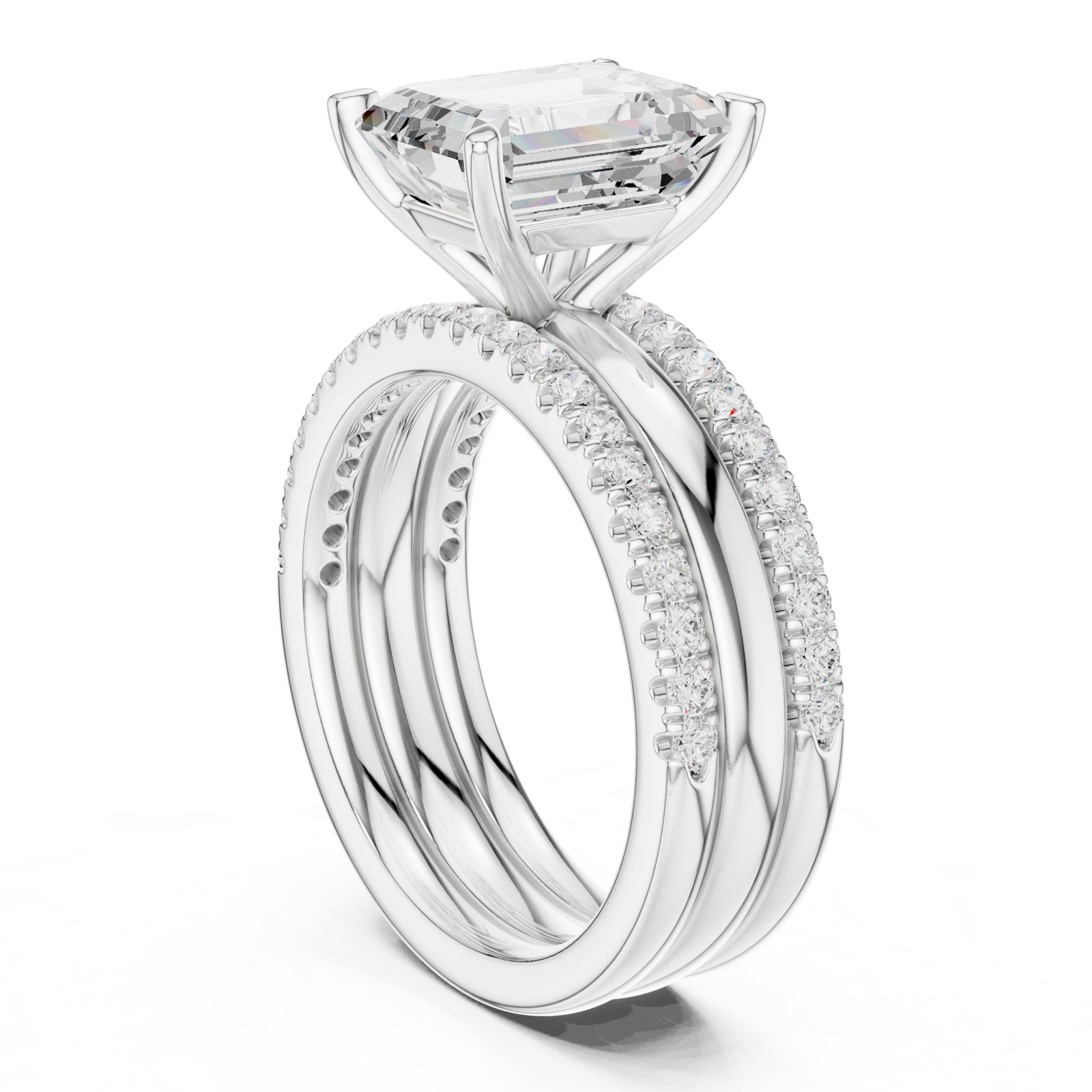 Ember Emerald Cut Engagement Ring with Stacked Pavé Bands in white gold