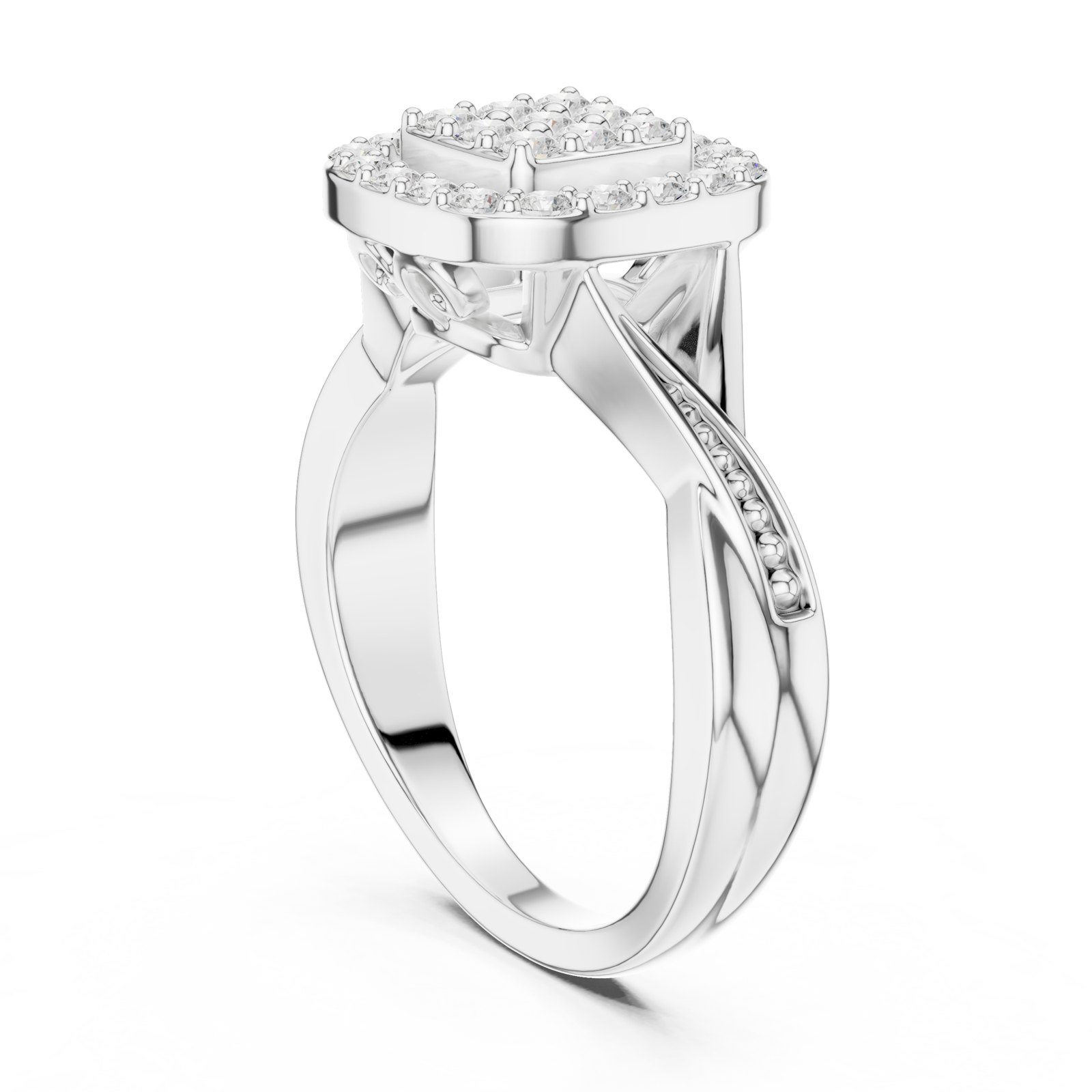 Katrine Radiant Halo Cluster Engagement Ring with Twist Shank in white gold