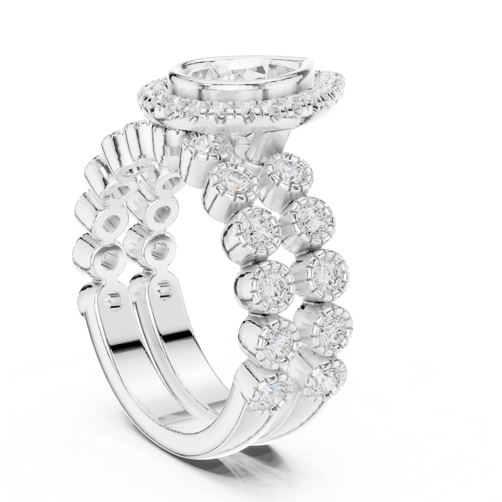 Evelia Pear Halo Engagement Ring with Milgrain Bezel Bands in white gold