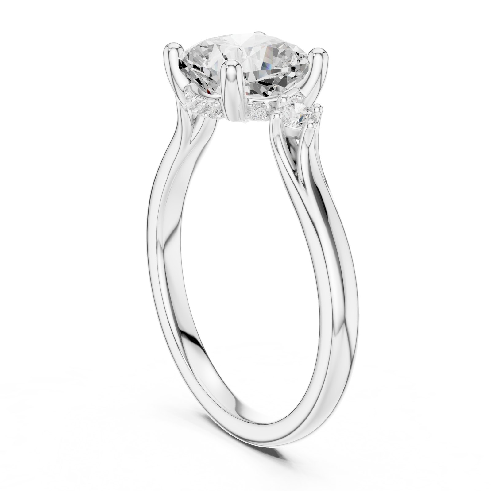 Ramona Cushion Cut Hidden Halo Engagement Ring with Round Sides in white gold