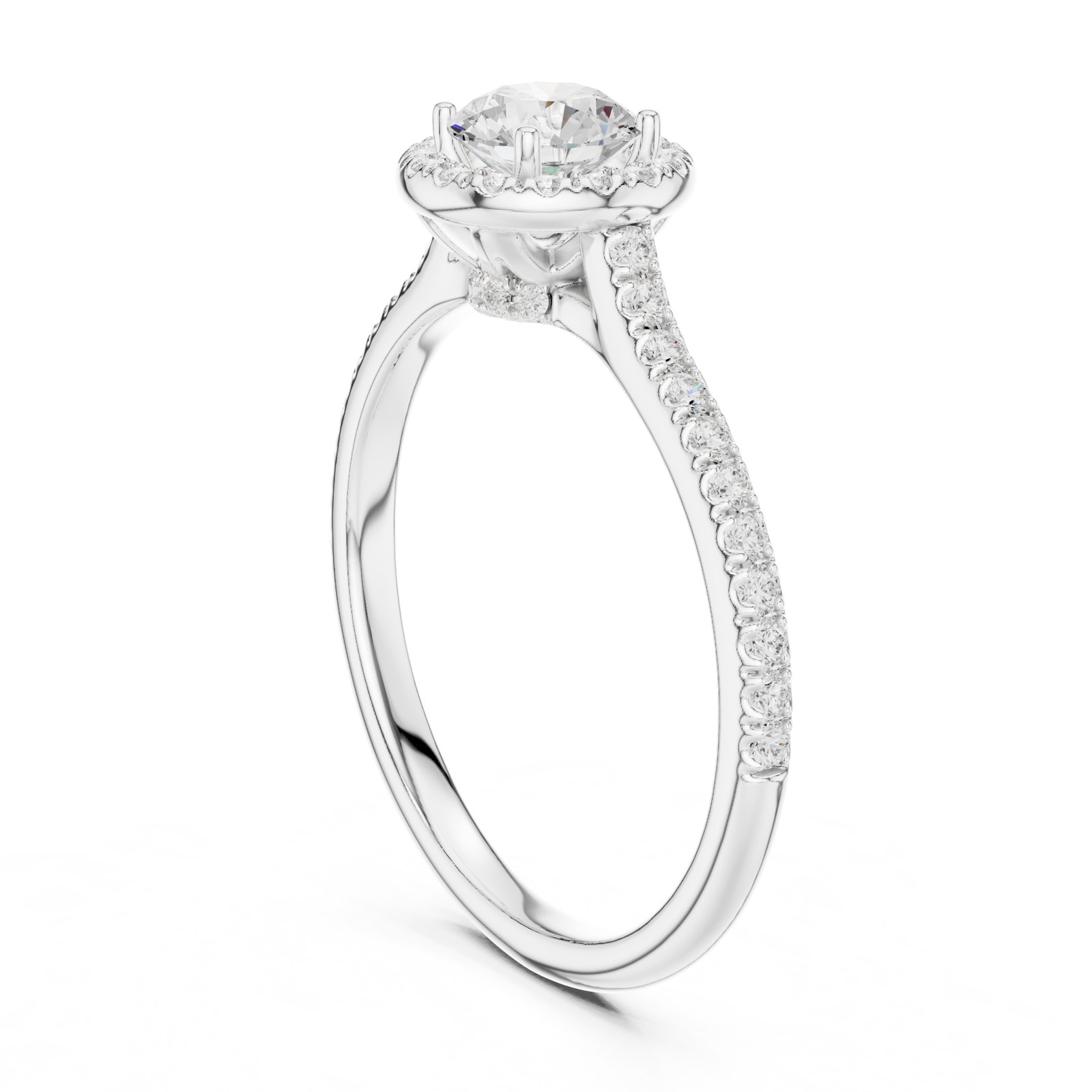 Liana Round Halo Engagement Ring with Slim Pavé Band in white gold