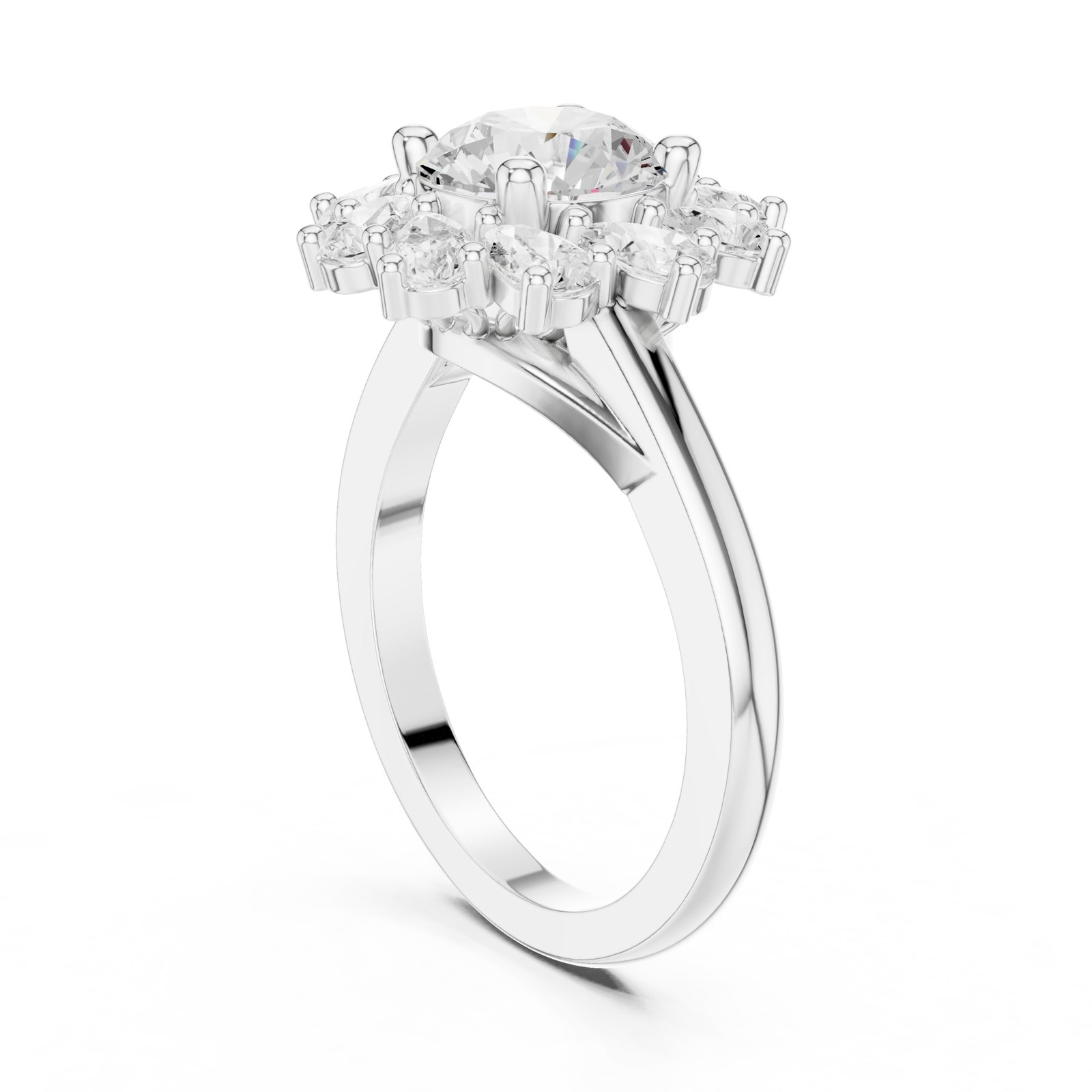 Julieta Round Floral Engagement Ring with Pear Shaped Petals in white gold