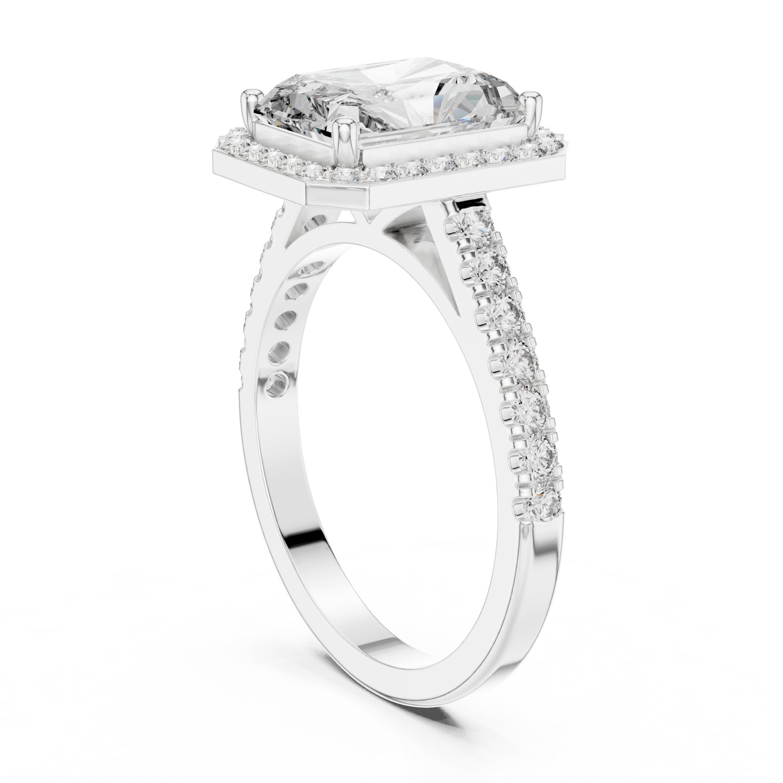Linnea Radiant Halo Engagement Ring with Pavé Band in white gold