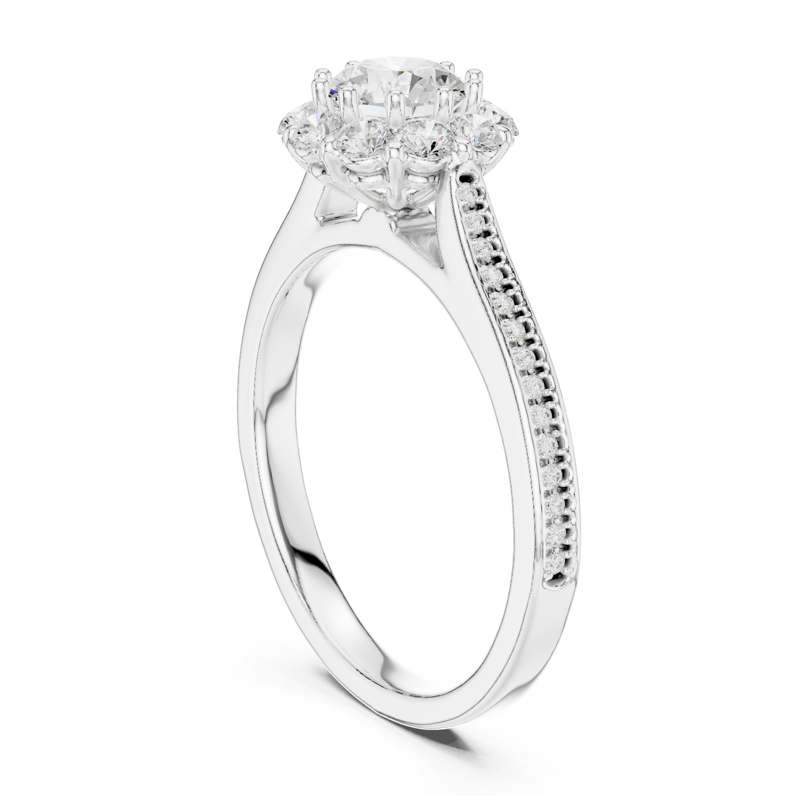 Natercia Round Floral Halo Engagement Ring with Pavé Shoulders in white gold