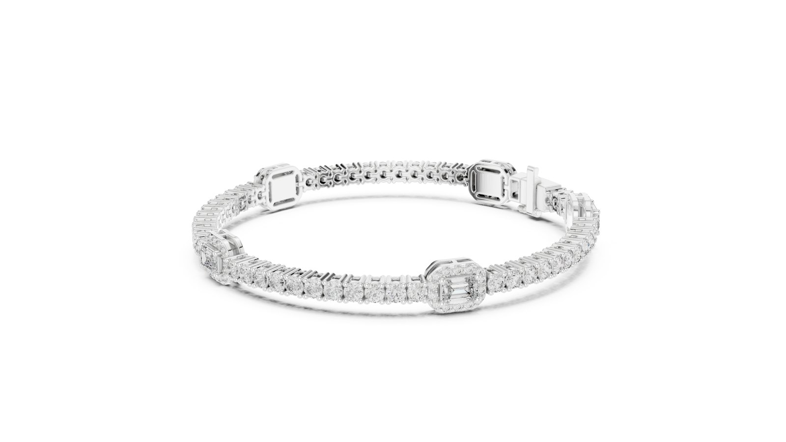 Riko Emerald Cut Halo Station Tennis Bracelet in white gold