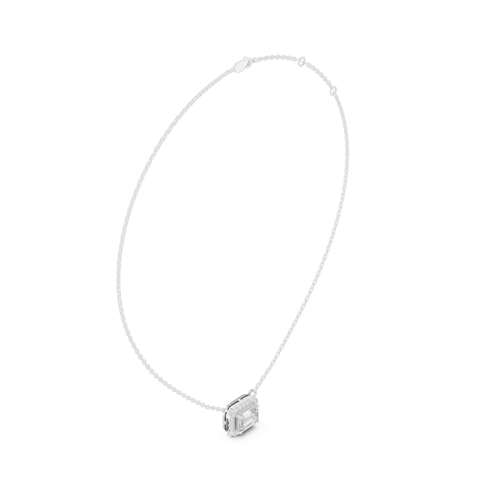 Annwyn East-West Emerald Cut Halo Pendant in white gold