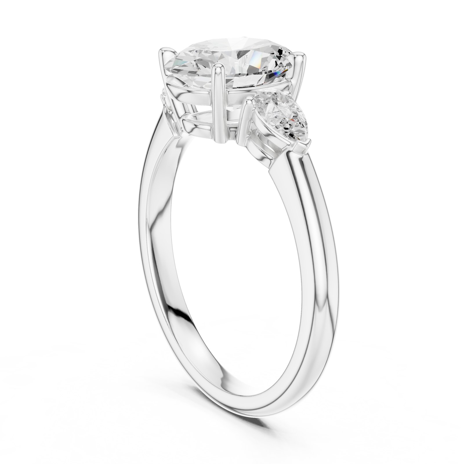 Iole Oval Three Stone Engagement Ring with Pear Side Stones in white gold