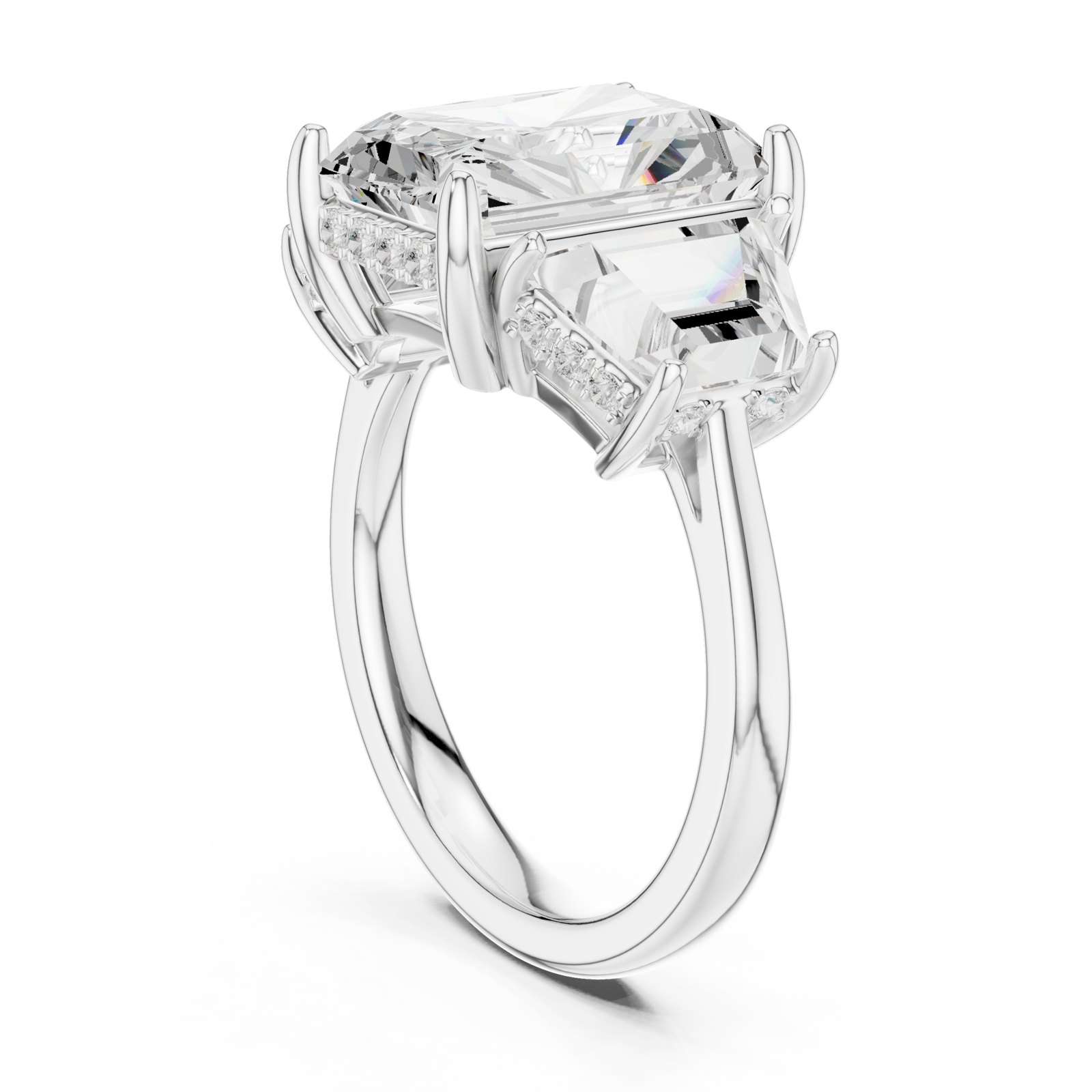 Ophelia Radiant Cut Three Stone Engagement Ring with Trapezoid Sides in white gold